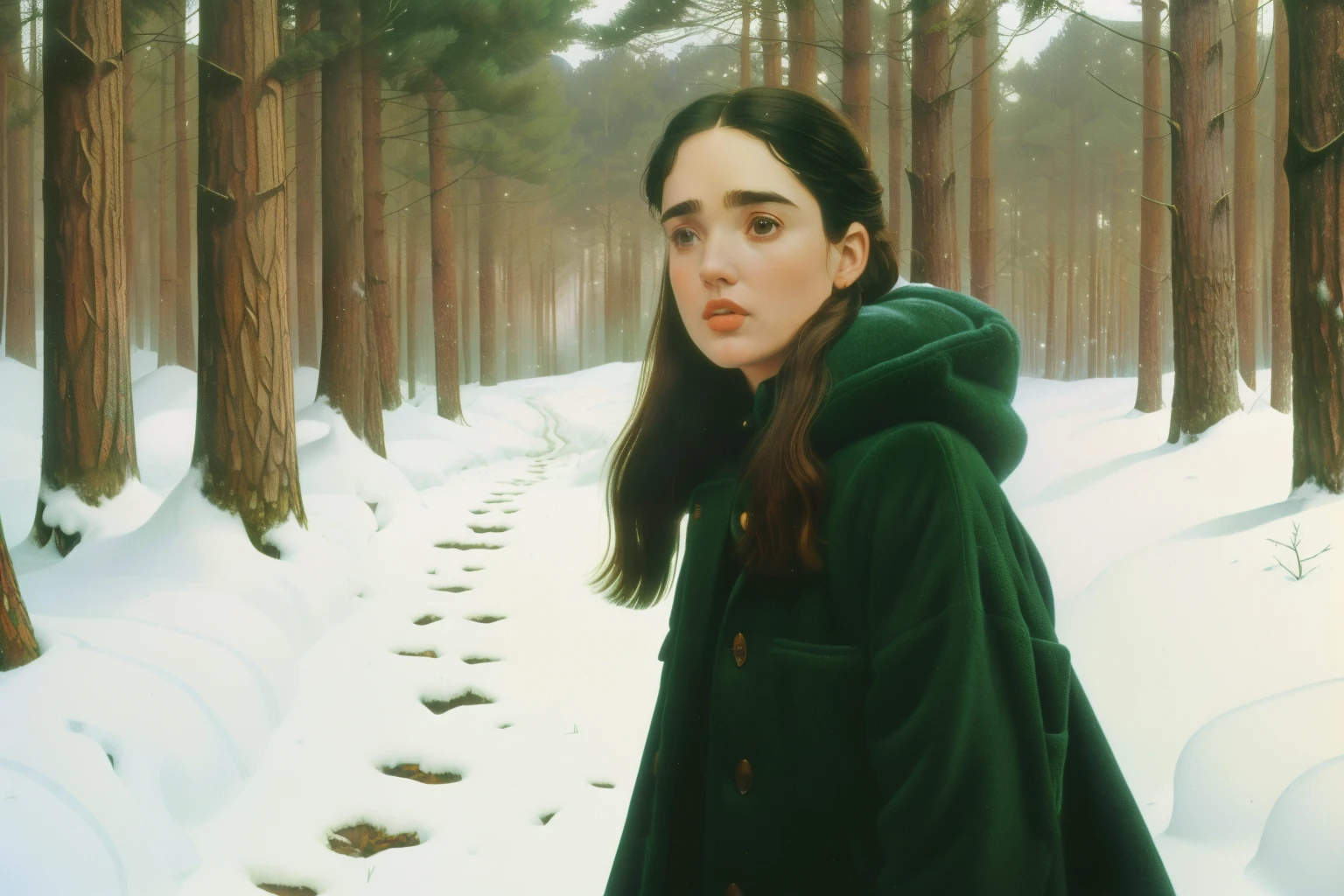 1997, Berkshire County, Massachusetts. Pre-raphaelite ((((45-year-old)) Jennifer Connelly)), winter, snow, (narrow path) in the (((dense selvatic forest))), ((((warm Clothing from the 1990s)))), ((short bob Hairstyle of the 1990s)), ((Wes Anderson cinematic style)), colorful