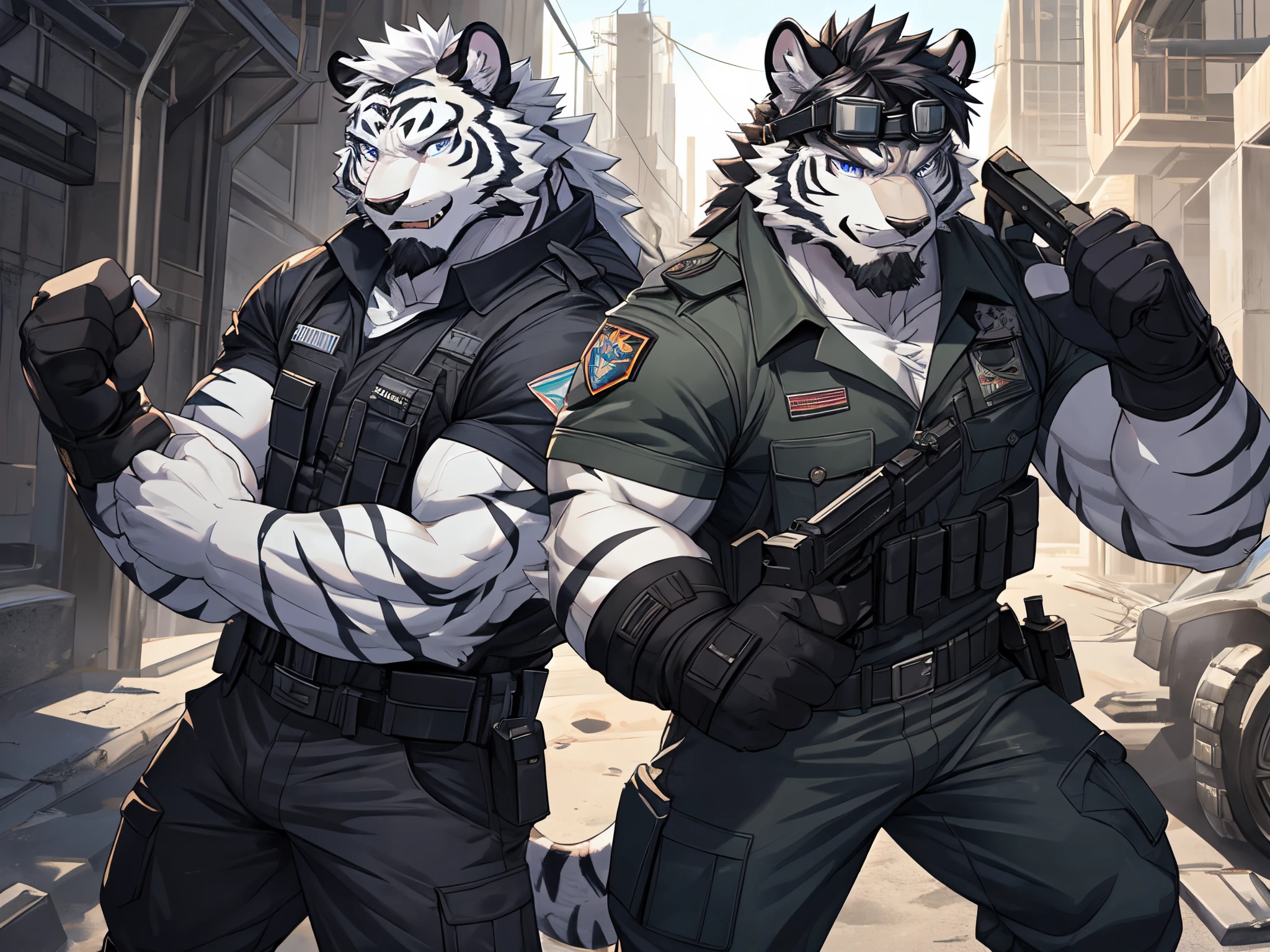 (Best Quality), 1Male, (Furry Gray Wolf), Blue Eyes, White Medium Hair, Combat Shirt, Combat Gloves, Combat Pants, Medium Muscular Body, Goggles, Good Looking, 1Male, (Furry White Tiger), Purple Eyes, Black Medium Hair, Black Facial Hair, Combat Shirt, Combat Gloves, Combat Pants, Medium Muscular Body, Good Looking, fierce, cool pose.