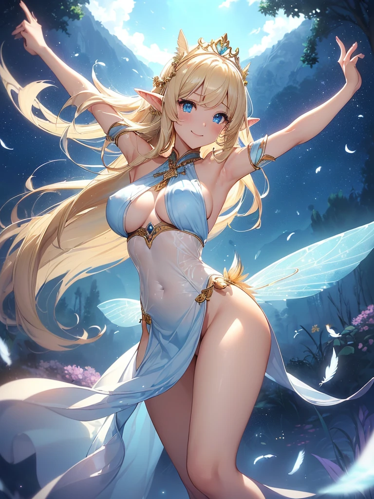 top-quality、Top image quality、masterpiece、Full body naked girl((20yr old、Best Bust、big bast、Bust 90,Beautiful blue eyes、,Blonde long hair、A slender、Fairy feathers、flying though the air、a closeup、Esbian、Floating in the light、beautiful tiara、hiquality、Beautiful Art、early morning、the morning sun、masutepiece、visualart、depth of fields、sky at night、、 、low angles、、Elven ears、Feathers glow in iridescent colors、light magic、、harp melody🎵、Fun Concerts、Happy smile、Gentle light、Emitting a magical light、Dancing hard、All 、barechested、NSFW.Beautiful skins、beutiful breast、beautiful foot、raise both arm、Greet them with outstretched arms、welcome、、accurate fingers、Exact finger count、