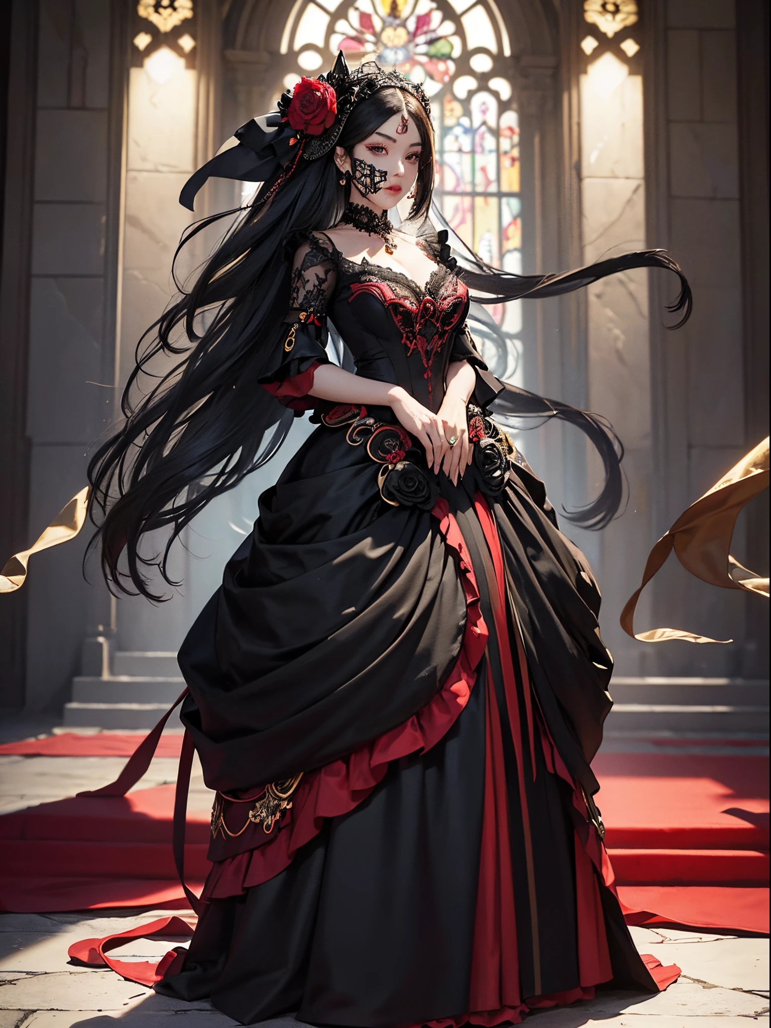 Black cat motif、Black and red tones、Vibrant colors、((​masterpiece)))、(((top-quality)))、((ultra-detailliert))、(A hyper-realistic)、(highly detailed CGillustration）、Official art、Lisbon in the first half of the 20th century、Decadent、Madame Cat Black、Masquerade、Elegance、Masks that cover most of the face、Colorful and detailed mask design、bob cuts、matchless beauty、Fans、Female Solo、gorgeous dress、jewely、Perfect Angle、→ direction、perfect-composition、full body Esbian