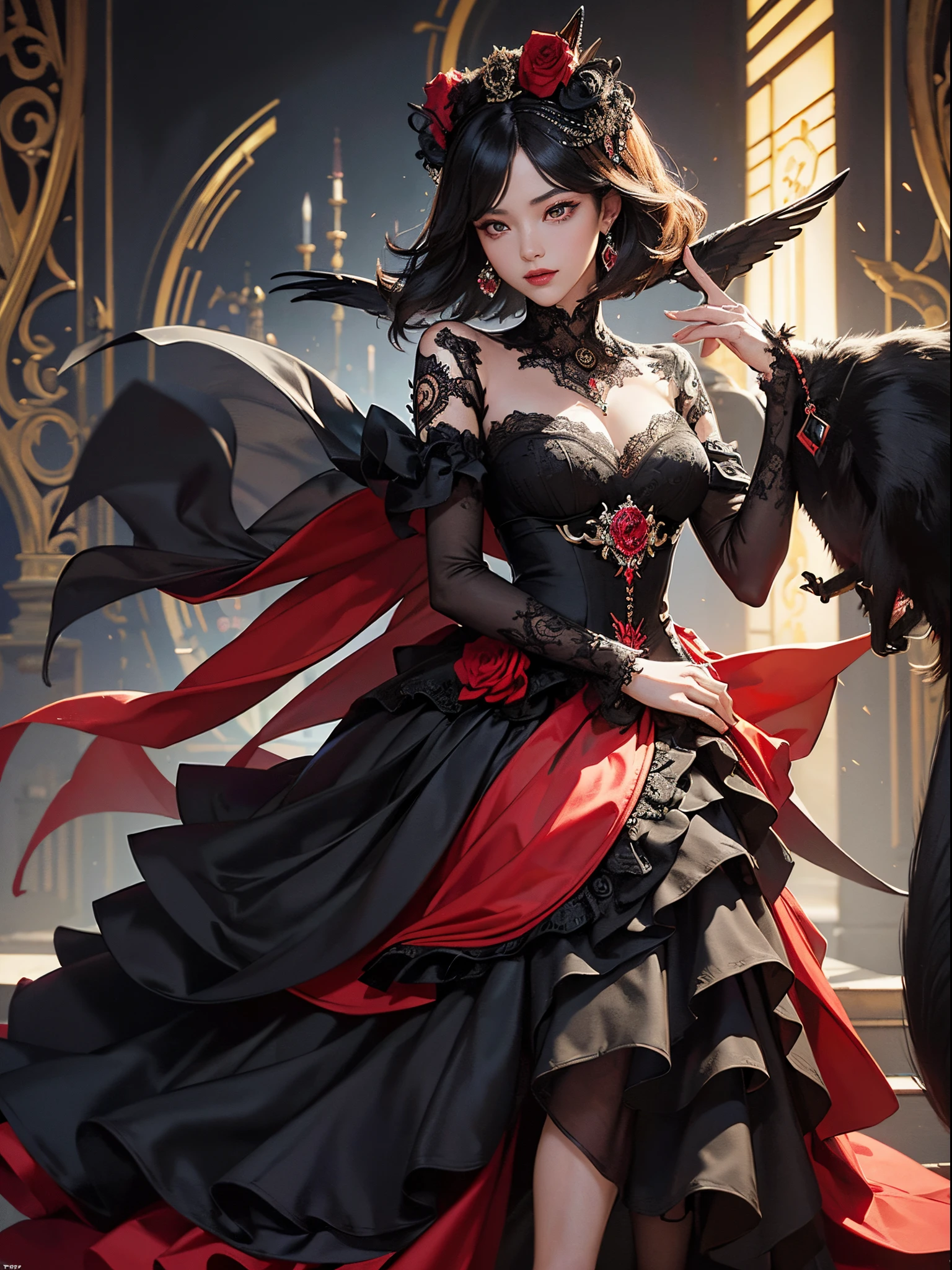 Black cat motif、Black and red tones、Vibrant colors、((​masterpiece)))、(((top-quality)))、((ultra-detailliert))、(A hyper-realistic)、(highly detailed CGillustration）、Official art、Lisbon in the first half of the 20th century、Decadent、Madame Cat Black、Masquerade、Elegance、Masks that cover most of the face、Colorful and detailed mask design、bob cuts、matchless beauty、Fans、Female Solo、gorgeous dress、jewely、Perfect Angle、→ direction、perfect-composition、full body Esbian