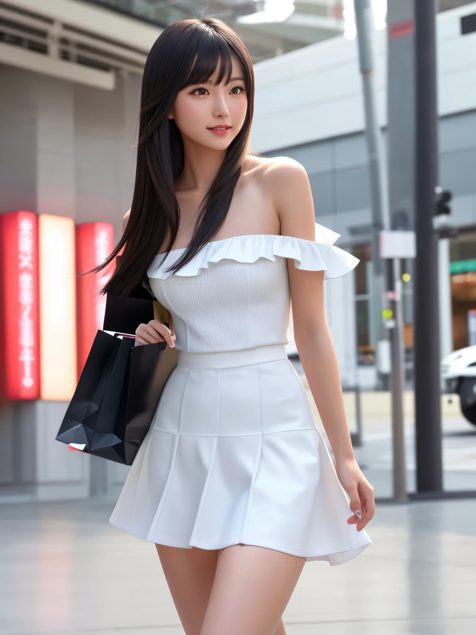 Product quality, 1girl in, cowboy shot, Front view, a Japanese young pretty woman, Long bob hair, Shopping mall with big smiles、White off-shoulder、Black miniskirt、Black boots、Glamorous figure, hyper cute face, Glossy lips, double eyelids for both eyes, Natural makeup, Glossy smooth light brown long bob hair, asymmetrical bangs, glowy skin, central image, High resolution, high detailing, detailed hairstyle, Detailed face, spectacular movie lighting, Octane Rendering, Vibrant, Hyper realistic, Perfect limbs, Perfect Anatomy