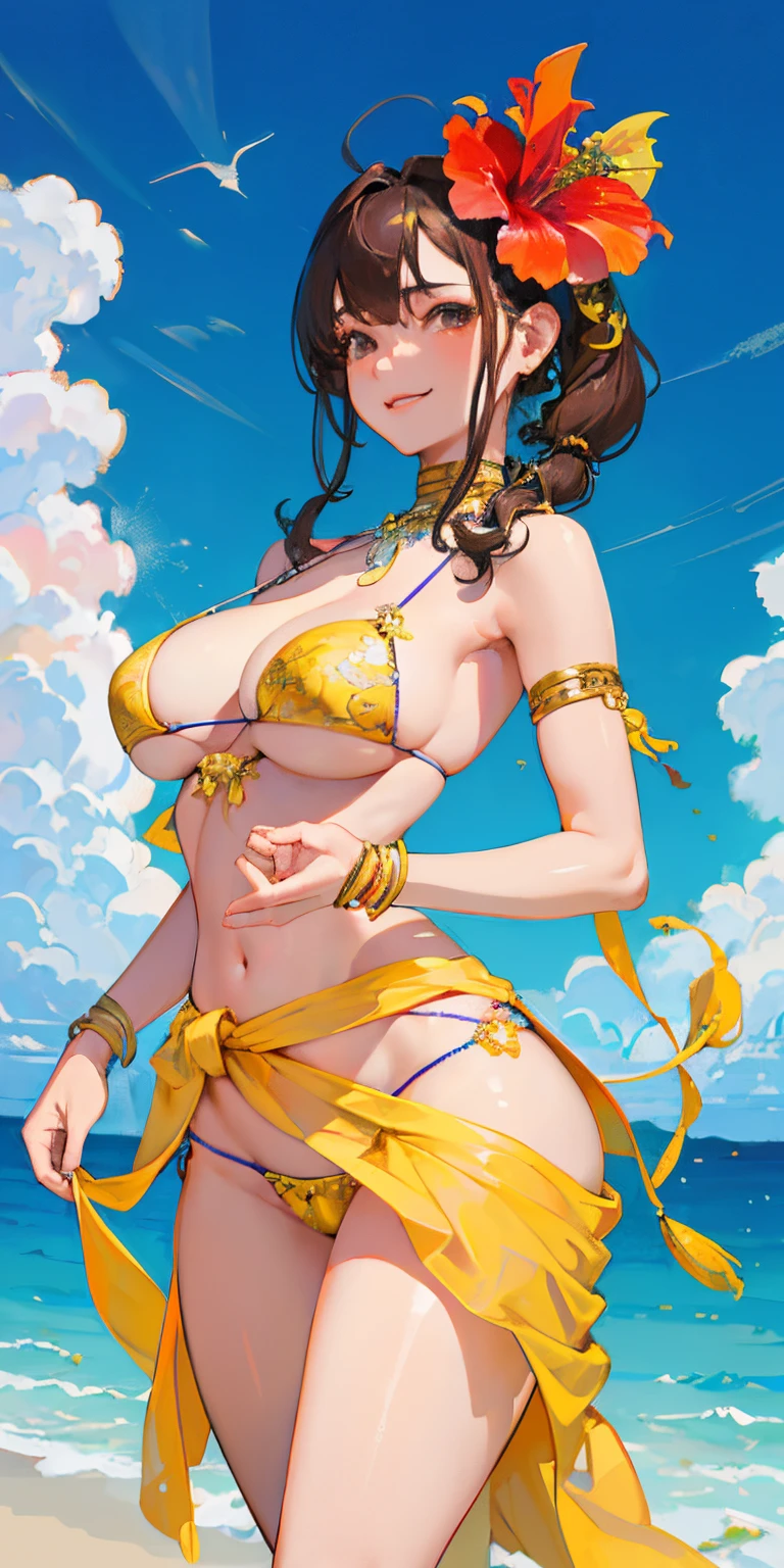16 year old girl with a realistic smile、Side view, slightly larger breasts、(Super close-up looking up from below、Smile.、Slightly thicker emphasis on the thighs、She is wearing a micro bikini with a floral pattern on her chest........................、Emphasis on cleavage、sexy brown skin tone、Tahitian dancer、dance tahitian dance、pareo(wear a skirt around the waist)、seashell necklace around neck、hibiscus ornament in hair、Sexy Posing、Tropical Beach