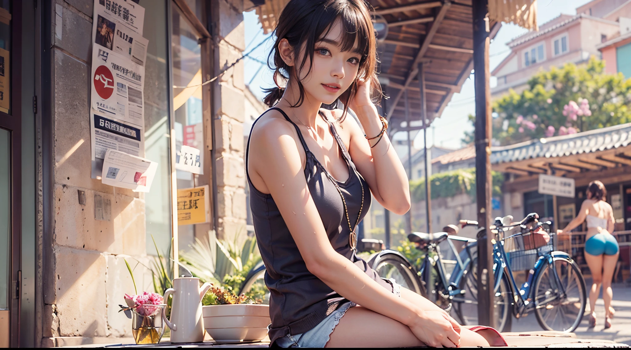 (NSFW), 1人の女性, Alone, 24 years of age, (Cute face), (ideal body proportions), Modern old town view, white camisole, green shorts, ((((Buttocks super close-up)))), (((Point your butt at the camera))), (((Emphasis on the buttocks))), Smiling smile, Wet, Short hair details, black hair color hair, small tit, The slender one, little ass, lean legs, ultra-realistic realism, 电影灯光, depth of fields, A person's point of view, F/1.8, 135mm, north african free trade area, On a table, Acura, Anatomically correct, ctextured skin, super detailing, high detal, high high quality, Award-winning, Best quality, A high resolution, 8K