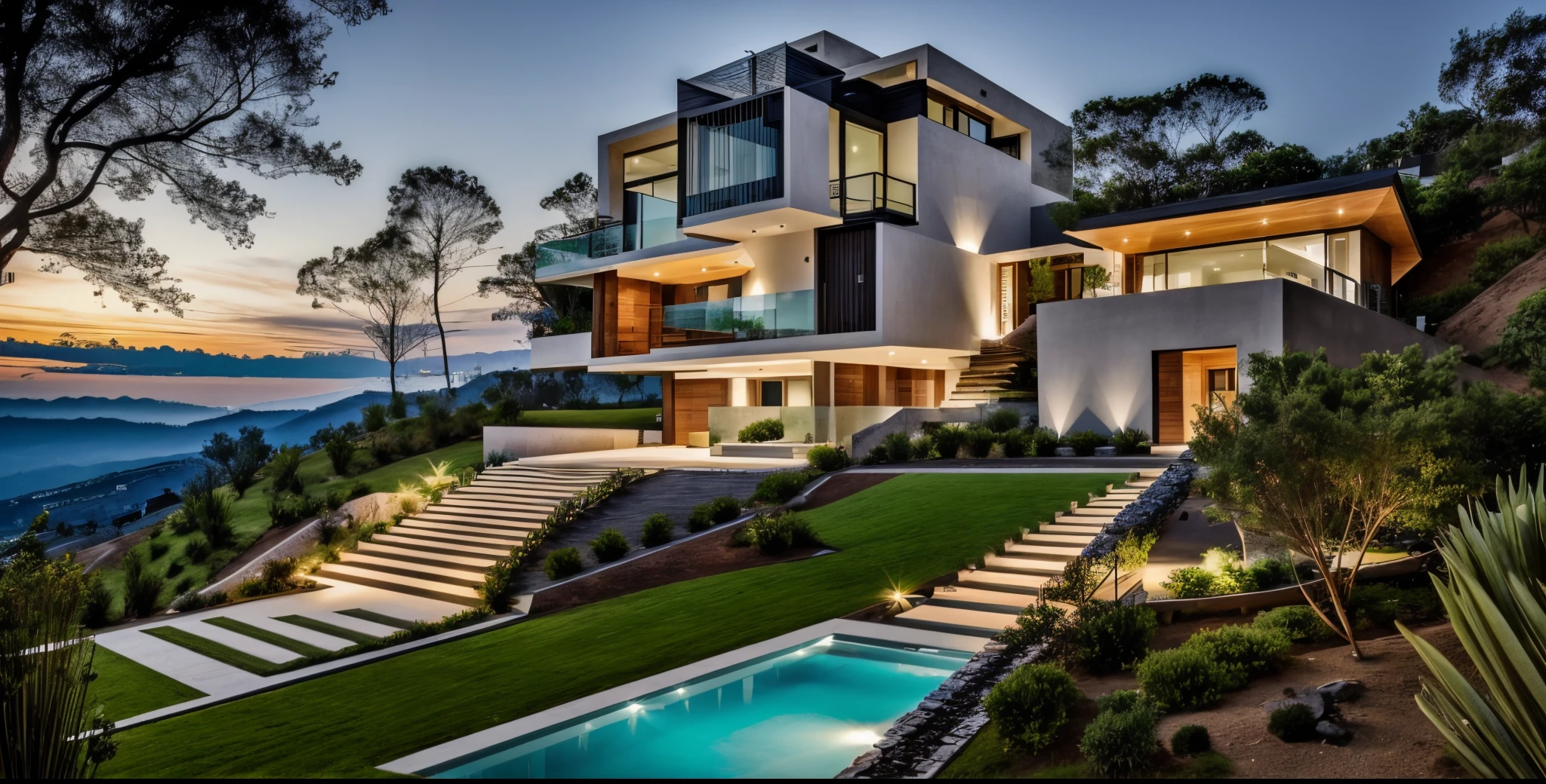 Exterior house on hill, contemporary style, masterpiece, high quality