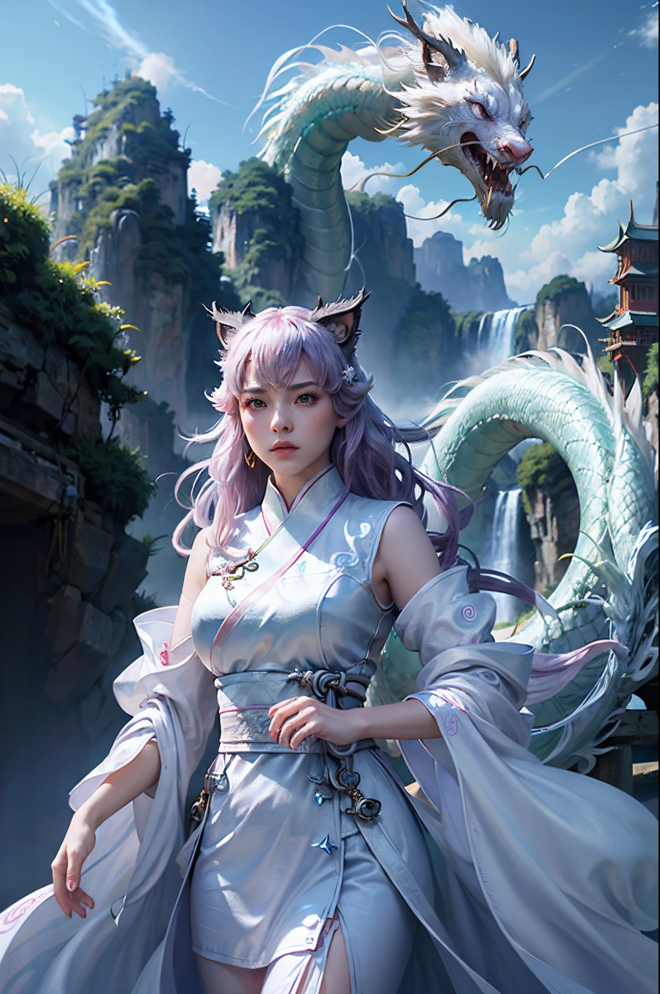 (Jujutsu Kaisen Style) ((China's white dragon rose to the sky)), &(A cat-eared girl in Japanese clothes fighting a Chinese dragon.; 1.3) , (Cat-eared girl facing the camera : 1.3 ), (Cat ears are large and have downy hair..), Clouds in the sky surround you , light magic , Fantastic background , Background meaning , Beautiful background , There is artistic overlap , O cabelo multicolorido , surrealist. Cinematic lighting , Ray tracing , God Light , SPEEDLINE , angle of view , Hyper Hi-Vision, master piece, top-quality , super detailing , hight resolution , hightquality , ( Distant view : 1.3)(top-quality:1.4), ((masterpiece)), ((realisitic)), (detaileds),(Photorealsitic:1.4), The Chinese white dragon is looking at us), &Cat-eared woman in Japanese clothes standing in front of a white dragon at a mysterious waterfall, (The cat ears are the same color as the hair and are larger.), By this、It feels very natural and real, Cinematic. leng jun, still from a fantasy movie, wlop and ross tran, chinese fantasy, elegant cinematic fantasy art, ross tran and wlop, matte painting portrait shot, Movie photography concept art, Portrait of a girl with cat ears, fantasy character photo, Fantasyart,