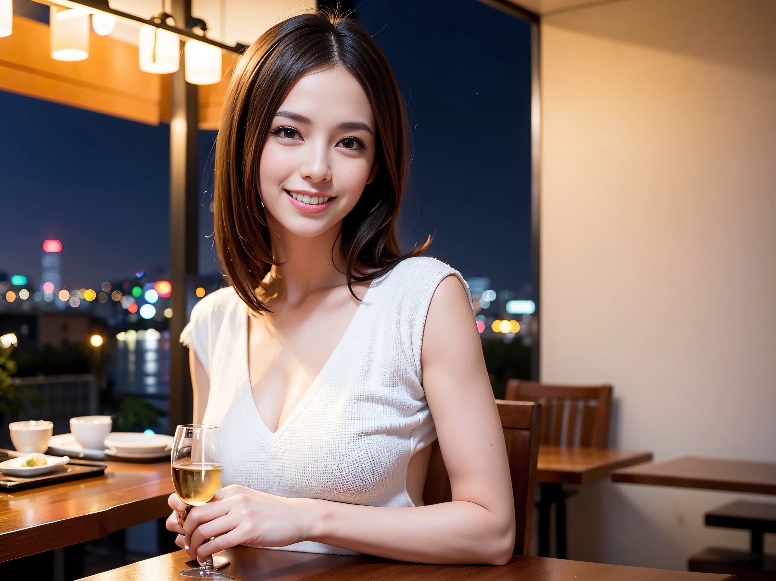 Woman sitting at a table with a glass of wine in front of her - SeaArt AI