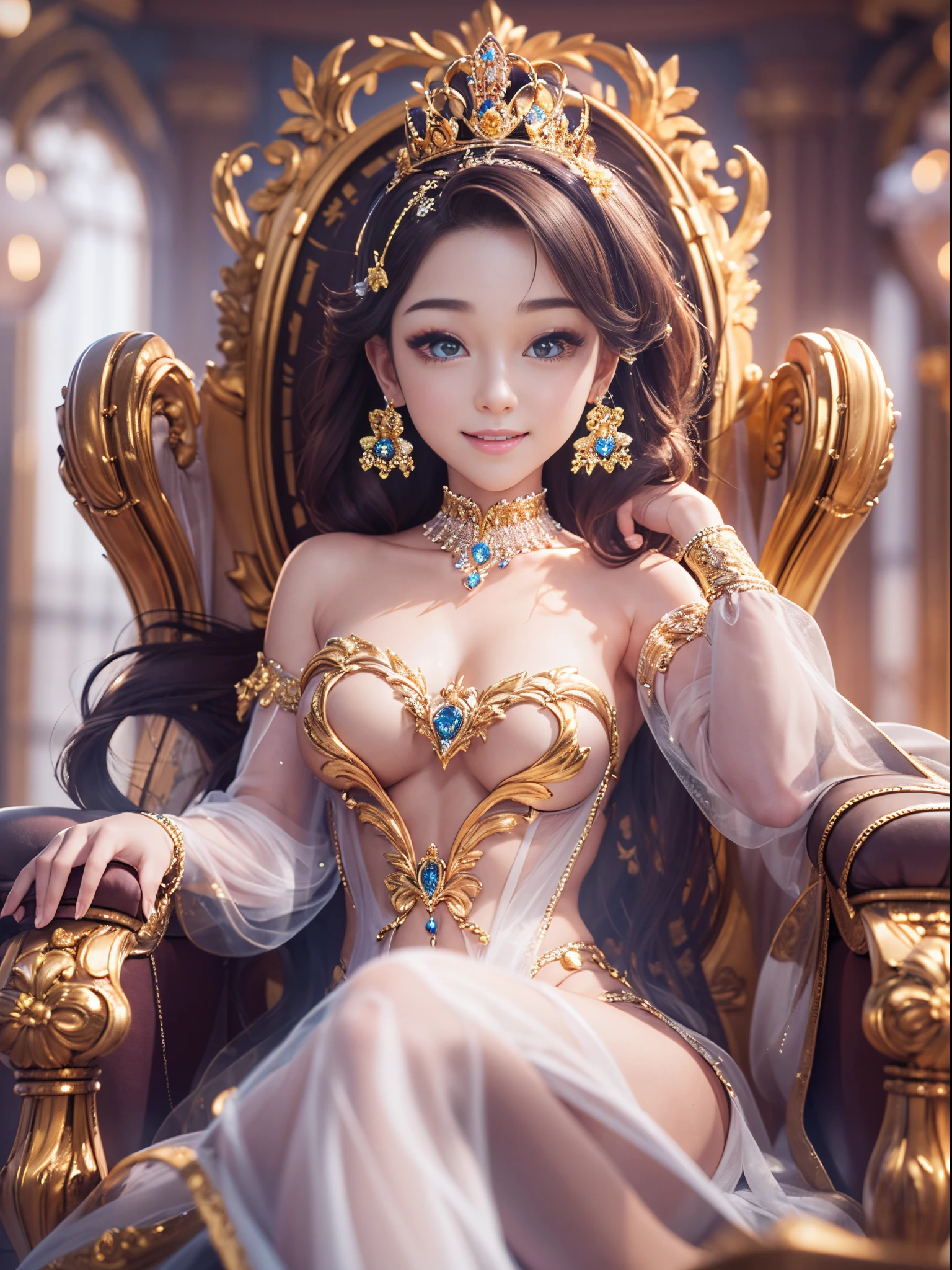 ((Beautiful princess))8k、An ultra-high picture quality、Ultra-realistic details、masutepiece、3d rendered、Golden decoration、(The chest is wide open:0.8)、(Skin revealing:1.2)、sit in a luxurious chair、Crisp skin、Beautiful body curves、Smiling、