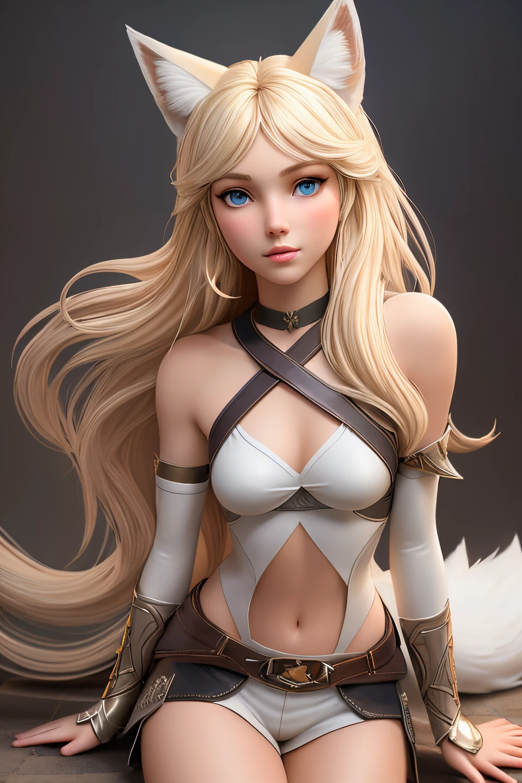 Beautiful 1girl in, full body, teenager, Solo, (very long waist length hair, straight blonde hair: 1.28), ((light blue eyes)), clear skin, (large darker fox ears: 1.35), pale skin, medium breasts, cleavage, (thin hips, thin waist: 1.25), (arched back:1.12), detailed skin, shy smile, (revealing clothes, brown leather, cropped corset, skirt, thigh high boots, buckles, straps, pouches, green fabric, brown leather: 1.1), (groping herself, grabbing chest: 1.24), (action shot, walking: 1.21), (detailed magical forest background:1.1), creek, overlooking opening in forest, relaxing, 4k textures, soft light, elegant, highly detailed, sharp focus, soothing tones, insane details, intricate details, hyperdetailed, high contrast, hdr
