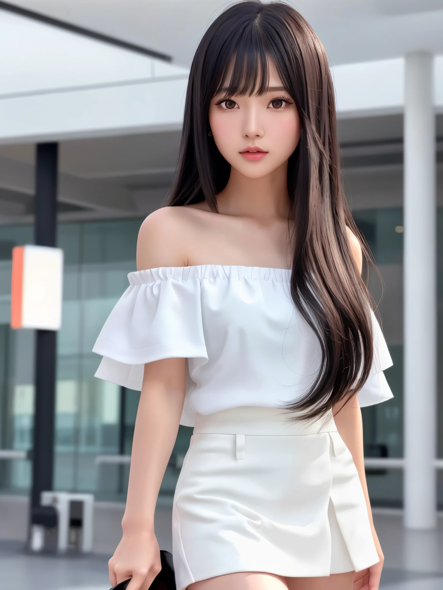 Product quality, 1girl in, facial close-up, Front view, a Japanese young pretty woman, Long bob hair, shopping mall、White off-shoulder、Black miniskirt、Black boots、Glamorous figure, hyper cute face, Glossy lips, double eyelids for both eyes, Natural makeup, Glossy smooth light brown long bob hair, asymmetrical bangs, glowy skin, central image, High resolution, high detailing, detailed hairstyle, Detailed face, spectacular movie lighting, Octane Rendering, Vibrant, Hyper realistic, Perfect limbs, Perfect Anatomy