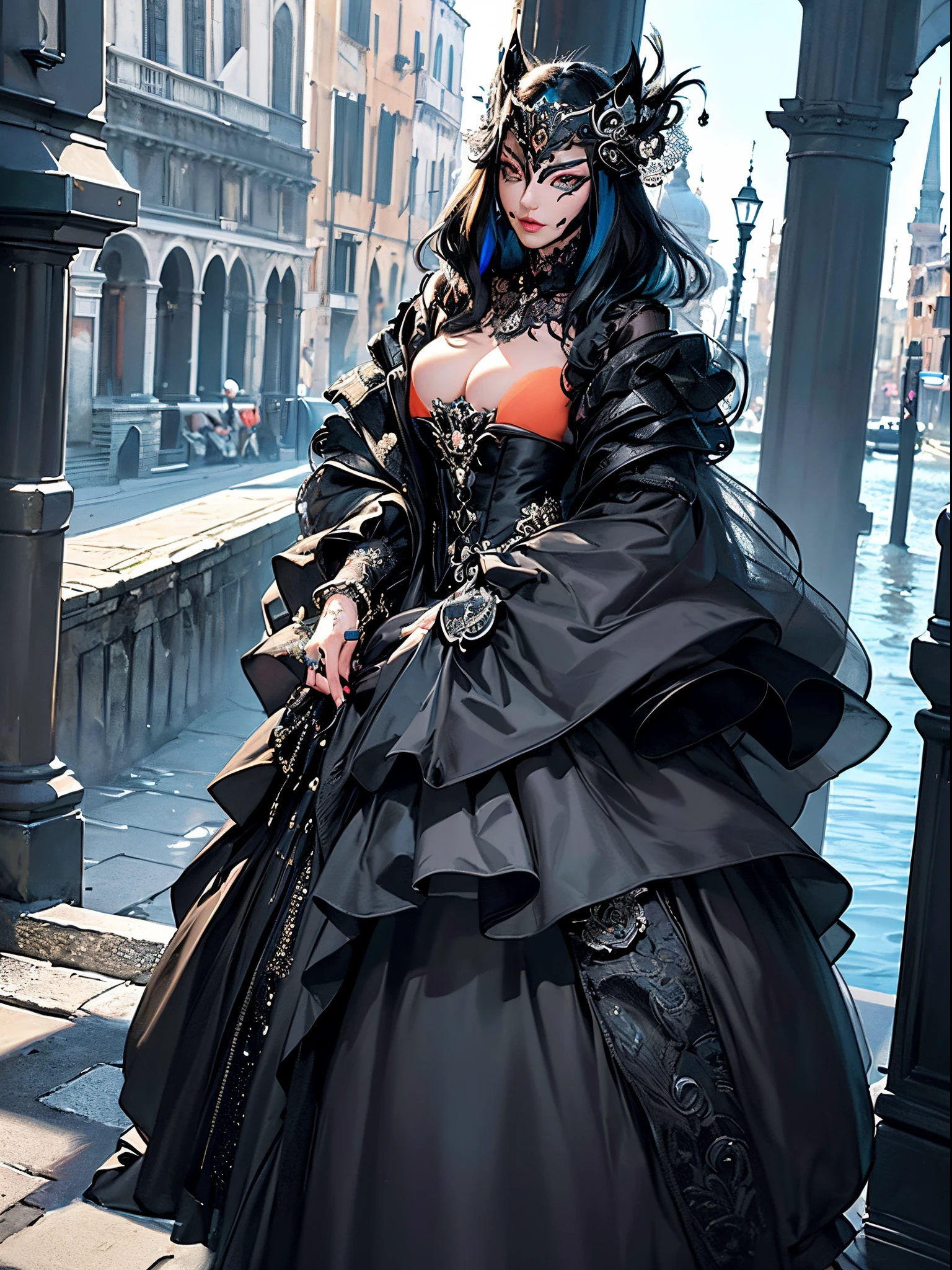 Black cat motif、Black and silver tones、Vibrant colors、((masterpiece)))、(((top-quality)))、((ultra-detailliert))、(A hyper-realistic)、(highly detailed CGillustration)、Official art、Venice in the second half of the 20th century、Decadent、Madame Cat Black、Masquerade、Elegance、Masks that cover most of the face、Colorful and detailed mask design、bob cuts、matchless beauty、Fans、Female Solo、gorgeous dress、jewely、Perfect Angle、→ direction、perfect-composition、full body Esbian