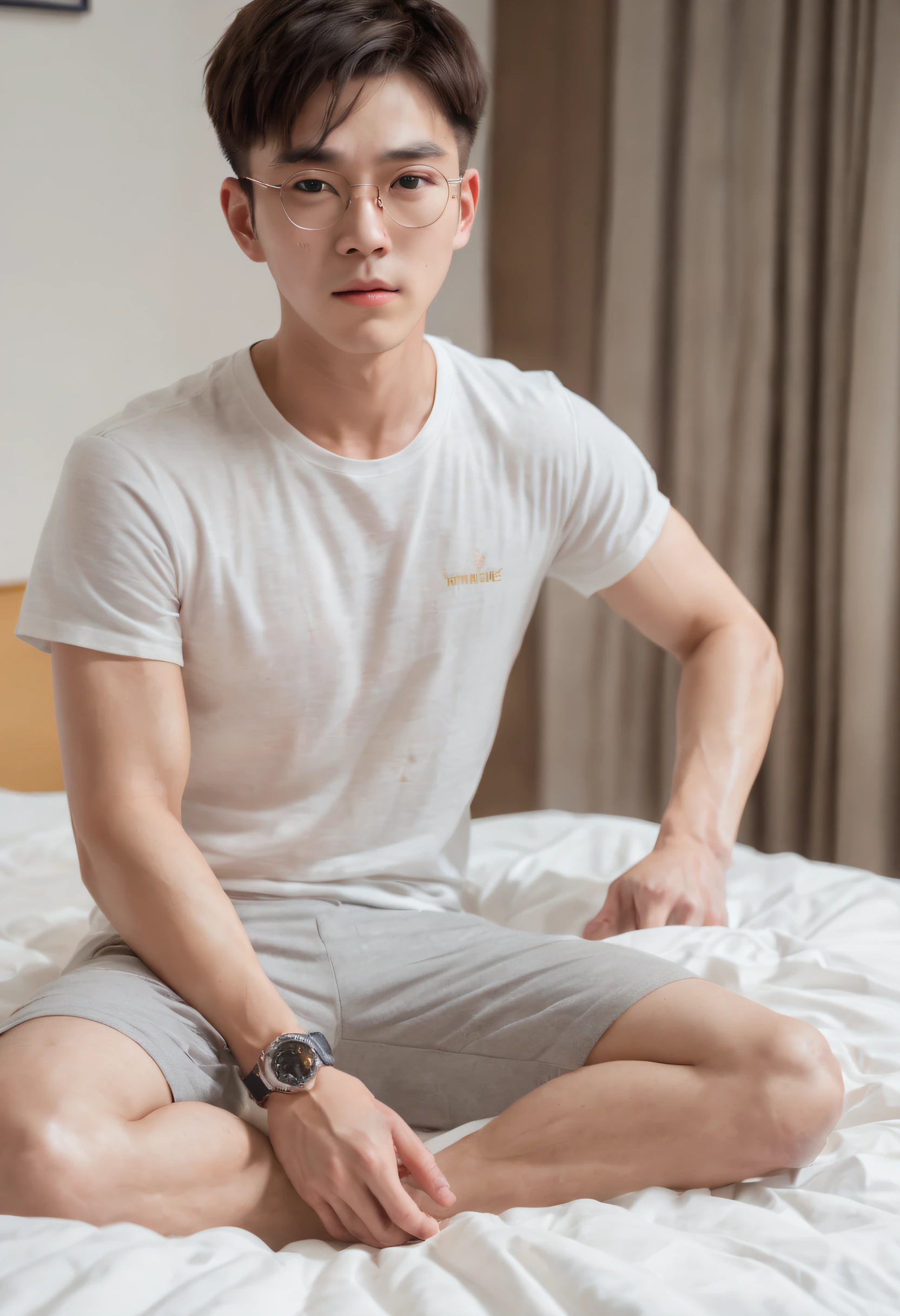 A 25-year-old Chinese male，真实感，Film photography，Portrait Photogram，whitestocking，Physical Education Student，Handsome，Chinese boy，inside bedroom，Sit on the sheets，((Back to the head of the bed))，Beige short T-shirt，Gray short sweatpants，Gold-rimmed glasses，Fashionab，youthfulenergy，muscle men，health charm，Sunny scent，Portrait photography，vogue photography，perfect  detail，Gorgeous light and shadow，Shooting from an elevation perspective，2k