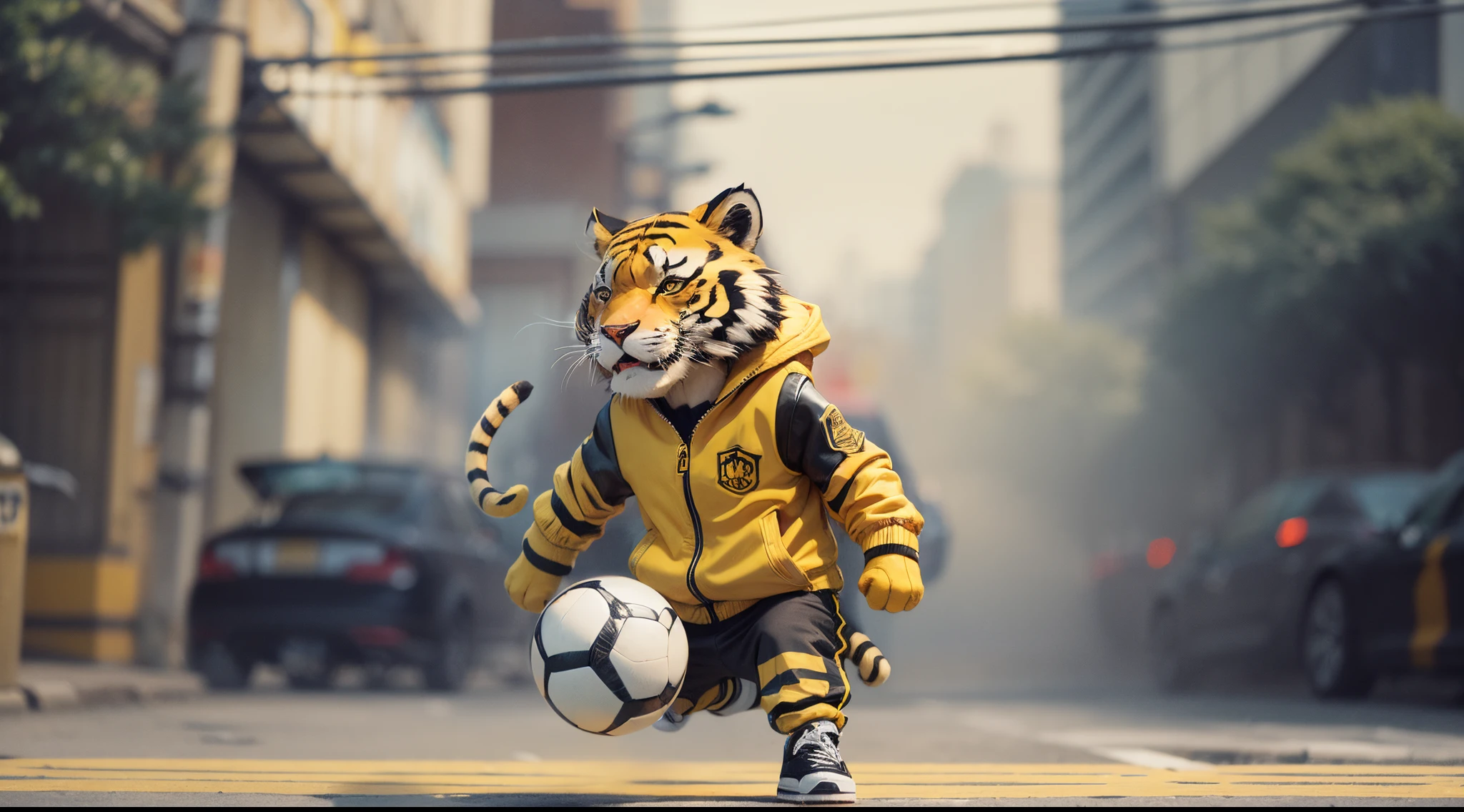 Cartoon energetic tiger with black and yellow jacket playing soccer in tokyo city street, dramatic effect, smoke effect, style raw, vintage color grading, Super 8mm lense, Extreme close-up, Deep Focus cinematography effect, high quality, ultra detail, 8k