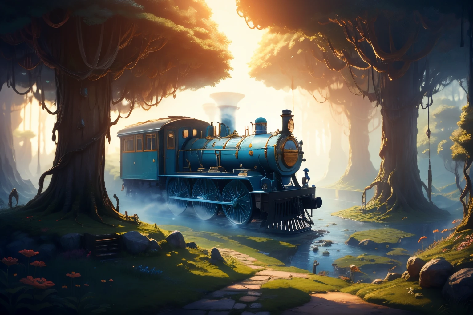 train running in a whimsical woodland realm akin to the Smurf Village