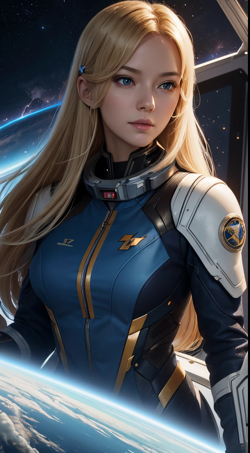 Masterpiece, Best Quality, Extremely detailed, Cinematic Lightning, intricate detials, hight resolution, official arts, finely detailed beautiful face and eyes, high-resolution illustration, 8K, Woman on space station with spaceship in background, Webtoon, blue uniform, Japanese studio game, blonde - haired princess, Streaming on Twitch, 1811, Strategy game, Researcher in the field of artificial intelligence, Passengers, Clear image, Ability Image, Smug appearance, inspired by Leona Wood, bcy. network