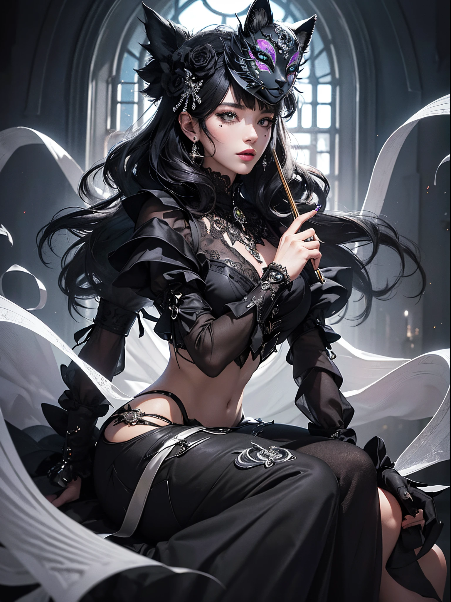 Black cat motif、Black and silver tones、Vibrant colors、((masterpiece)))、(((top-quality)))、((ultra-detailliert))、(A hyper-realistic)、(highly detailed CGillustration)、Official art、Berlin in the second half of the 20th century、Decadent、Madame Cat Black、Masquerade、Elegance、Masks that cover most of the face、Colorful and detailed mask design、bob cuts、matchless beauty、Fans、Female Solo、gorgeous dress、jewely、Perfect Angle、→ direction、perfect-composition、full body Esbian