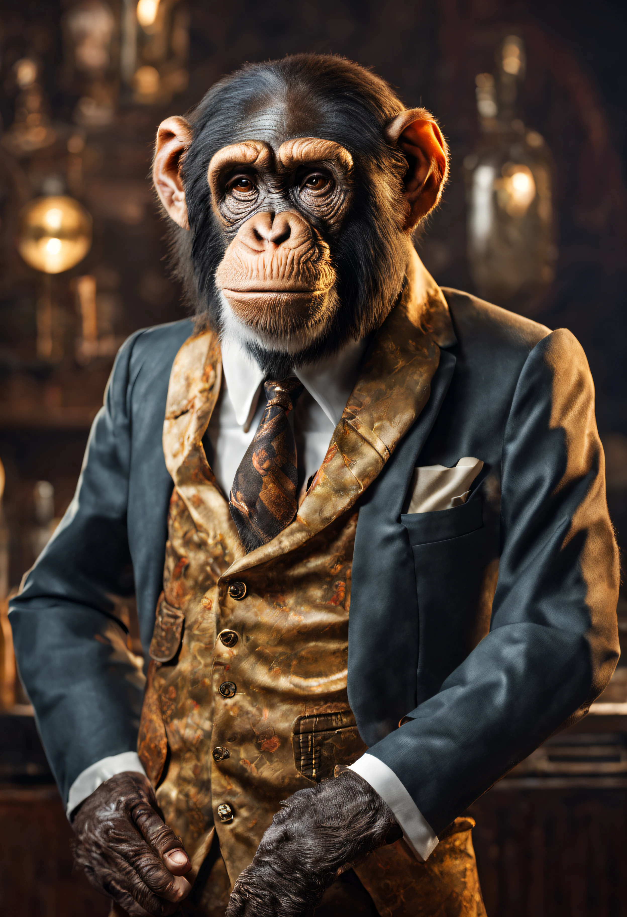 photorealistic portait of Dressed animals - a Chimpanzees bartender, high quality, highly detailed, studio lighting,