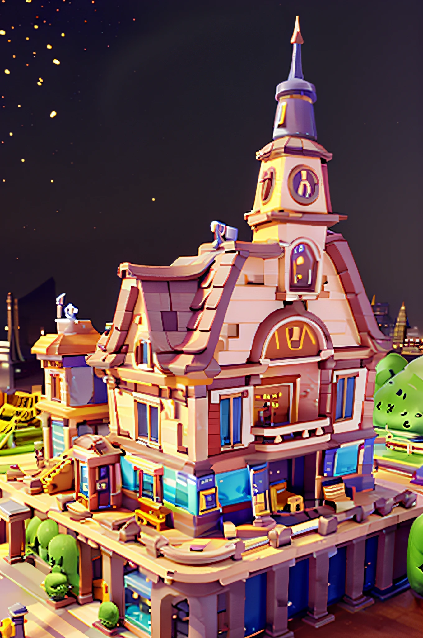 Architectural Features: Station building, clock tower, platform, cartoon style,ar-16:9