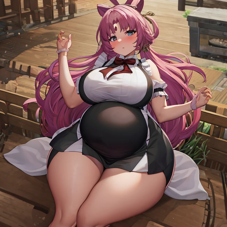 Pregnant, maid costume, huge belly, visible belly, huge breasts, thick thighs. (Best quality, detailed, full body)