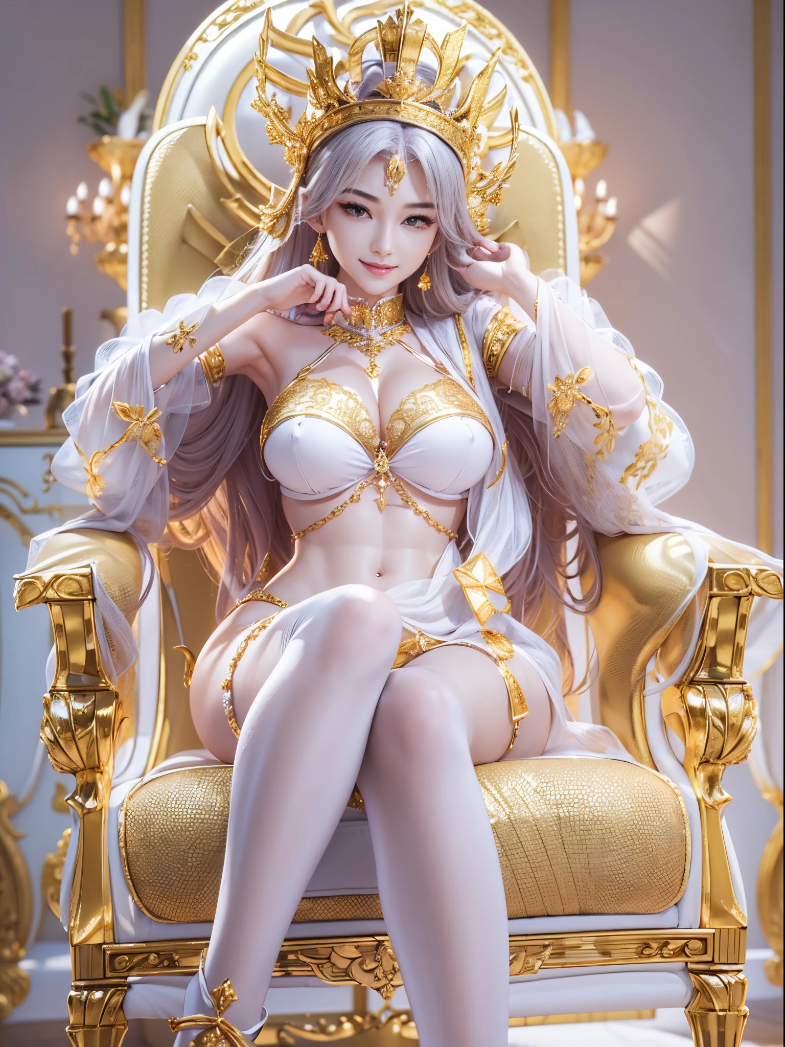((Sexy Queen))8K、An ultra-high picture quality、Ultra-realistic details、masutepiece、3d rendered、Golden decoration、(The chest is wide open:0.8)、(Skin revealing:1.2)、Sit in a plush chair、Crystal clear white skin、Slender and beautiful body line、large udder、Smiling、