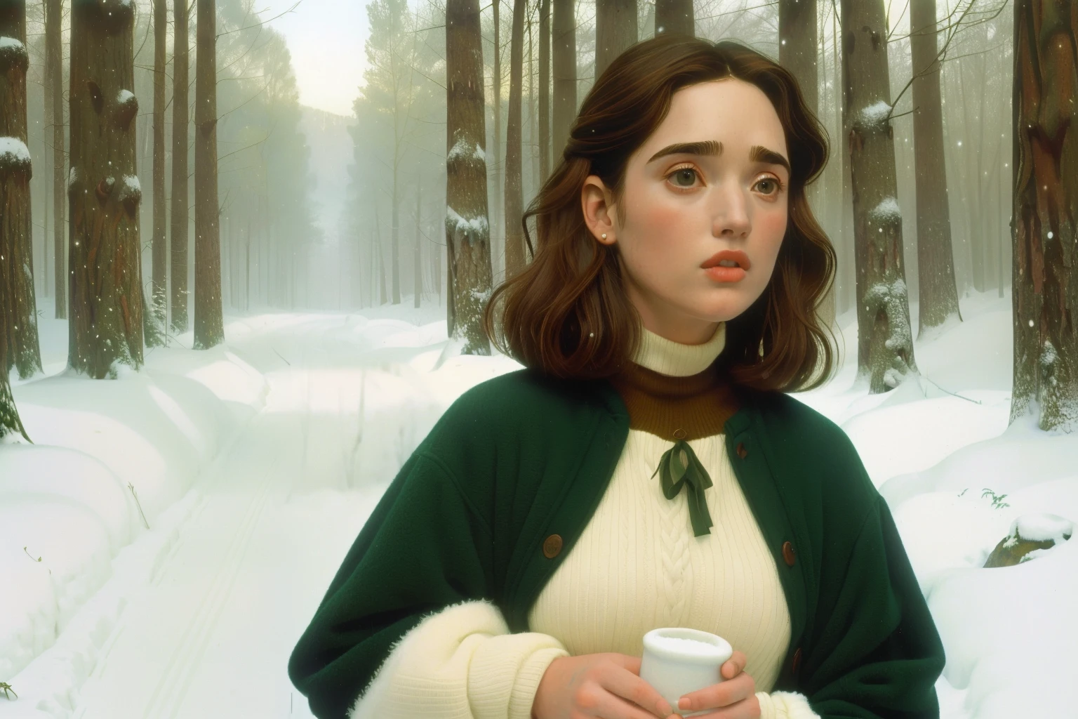1997, Berkshire County, Massachusetts. Pre-raphaelite ((((45-year-old)) Jennifer Connelly)), winter, snow, (narrow path) in the (((dense selvatic forest))), ((((warm Clothing from the 1990s)))), ((short bob Hairstyle of the 1990s)), ((Wes Anderson cinematic style)), colorful