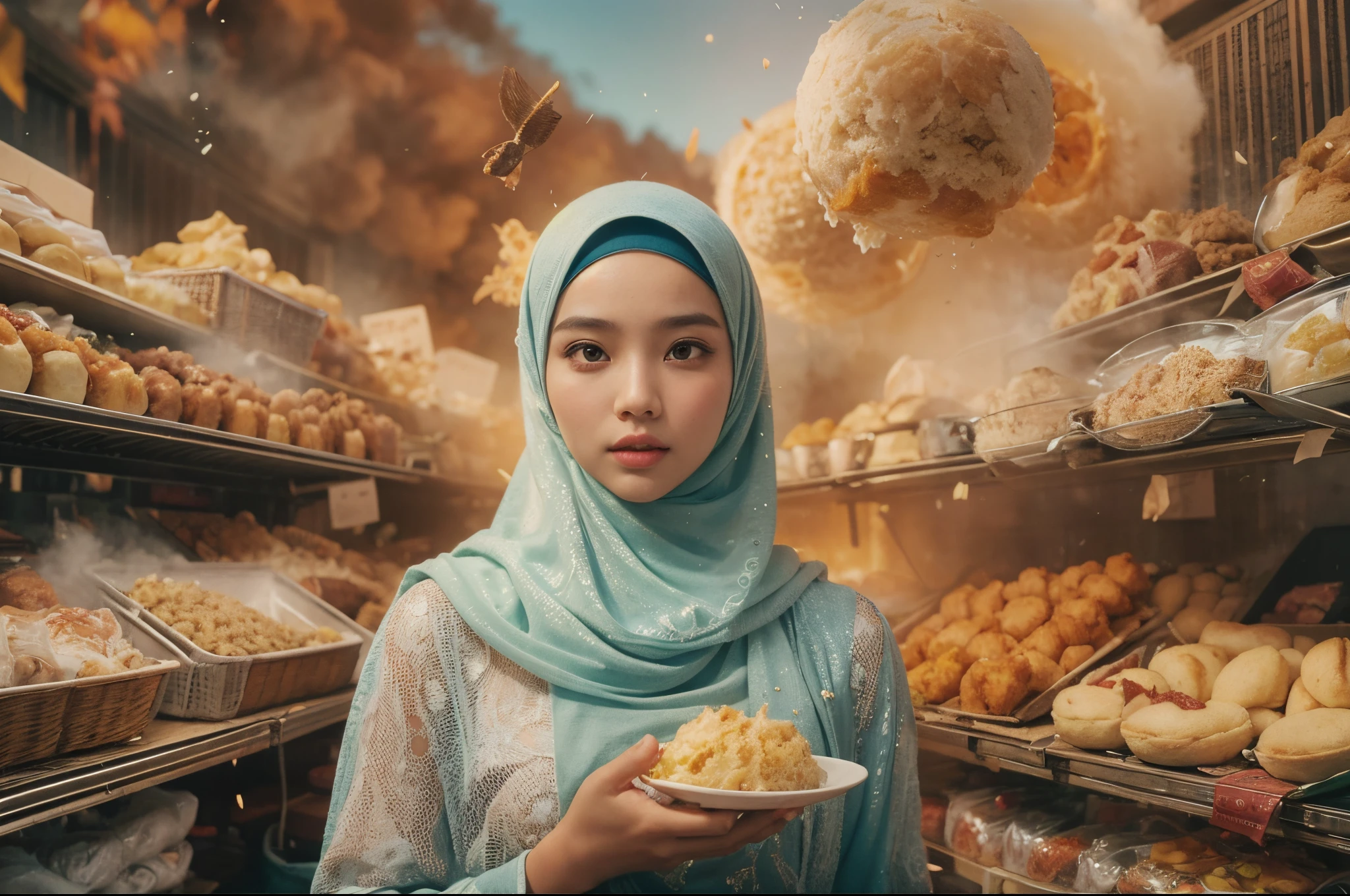 a beautiful malay young woman in hijab, is standing with large food explosion in the background, various type of food flying in the air, in the style of mid sommar, fanciful, natural landscape , dreamlike imagery, captivating documentary photos, flowing fabrics, disintegrated, intricate, style raw, 35mm lense, Top-Down Shot, Deep Focus cinematography effect, Natural Lighting, cool-toned color grading, high quality, ultra detail, 8k resolution,