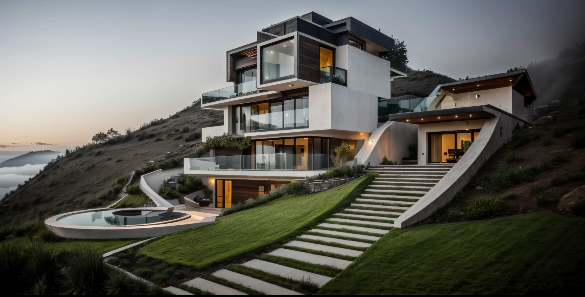 Exterior house on hill, contemporary style, masterpiece, high quality, foggy, fairy tail atmosphere, mysteristic feeling