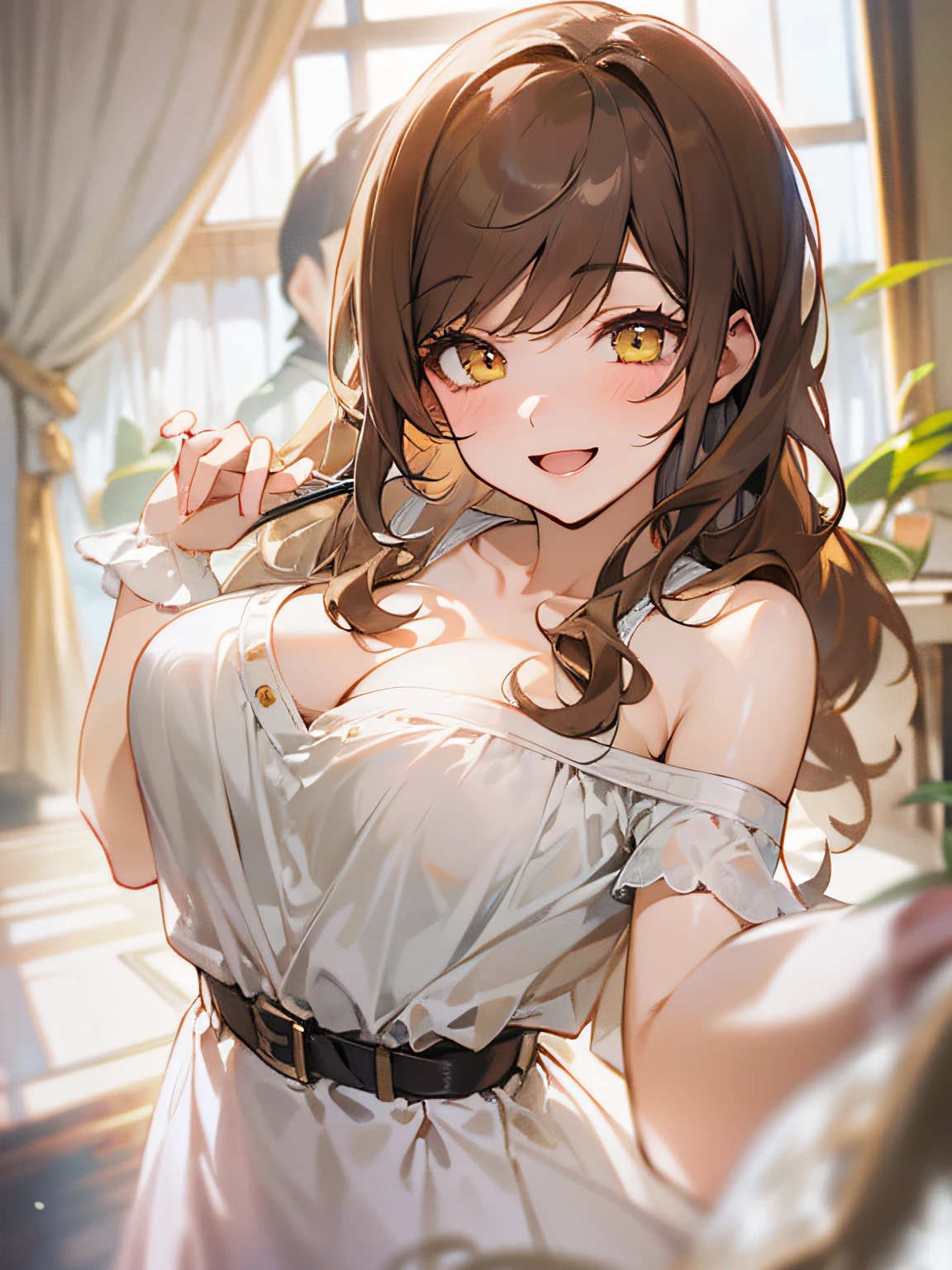 ​masterpiece、top-quality、(brown colored long hair、I have bangs:1.1)、25 year old woman with yellow eyes、Wearing a white off-the-shoulder blouse、Exposed skin a lot、(Cleavage is visible:1.1)、(Smiling expression:1.3)、(Close-up of the subject&#39;s breasts:1.3)、leaning forward、five perfect and beautiful fingers、The subject is photographed from above.、The background is the living room、Bold composition、Upper body is shown、Alone