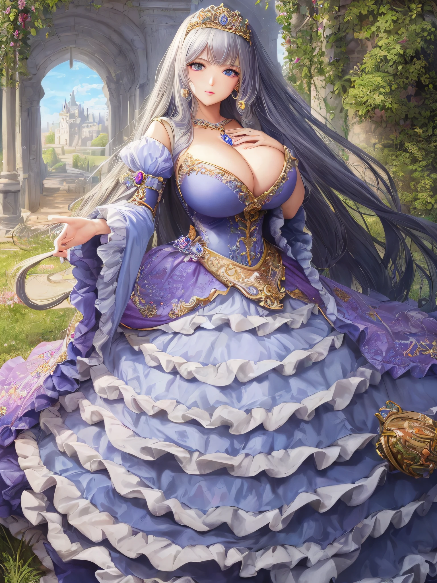 ultra-detailed, extremely detailed,((anime artstyle)),Masterpiece,(Best Quality),(Super Detail),((Solo)),((full body portrait)),(detailed face and eyes),detailed eyes, perfect eyes,rendered eyes,jewel-like beautiful eyes,((1 princess in beautiful embroidery and jeweled gorgeous rococo ballgown with frilled voluminous full length hoop skirt)),((Crinoline)),(large amount of straight hair,extremely voluminous Very Long straight Hair,Absolutely Long Straight Hair),((very gigantic boobs)),cleavage,(beautiful castle,outdoors,outside the castle),(bling-bling extremely gorgeousfull jeweled tiara),full body portrait,