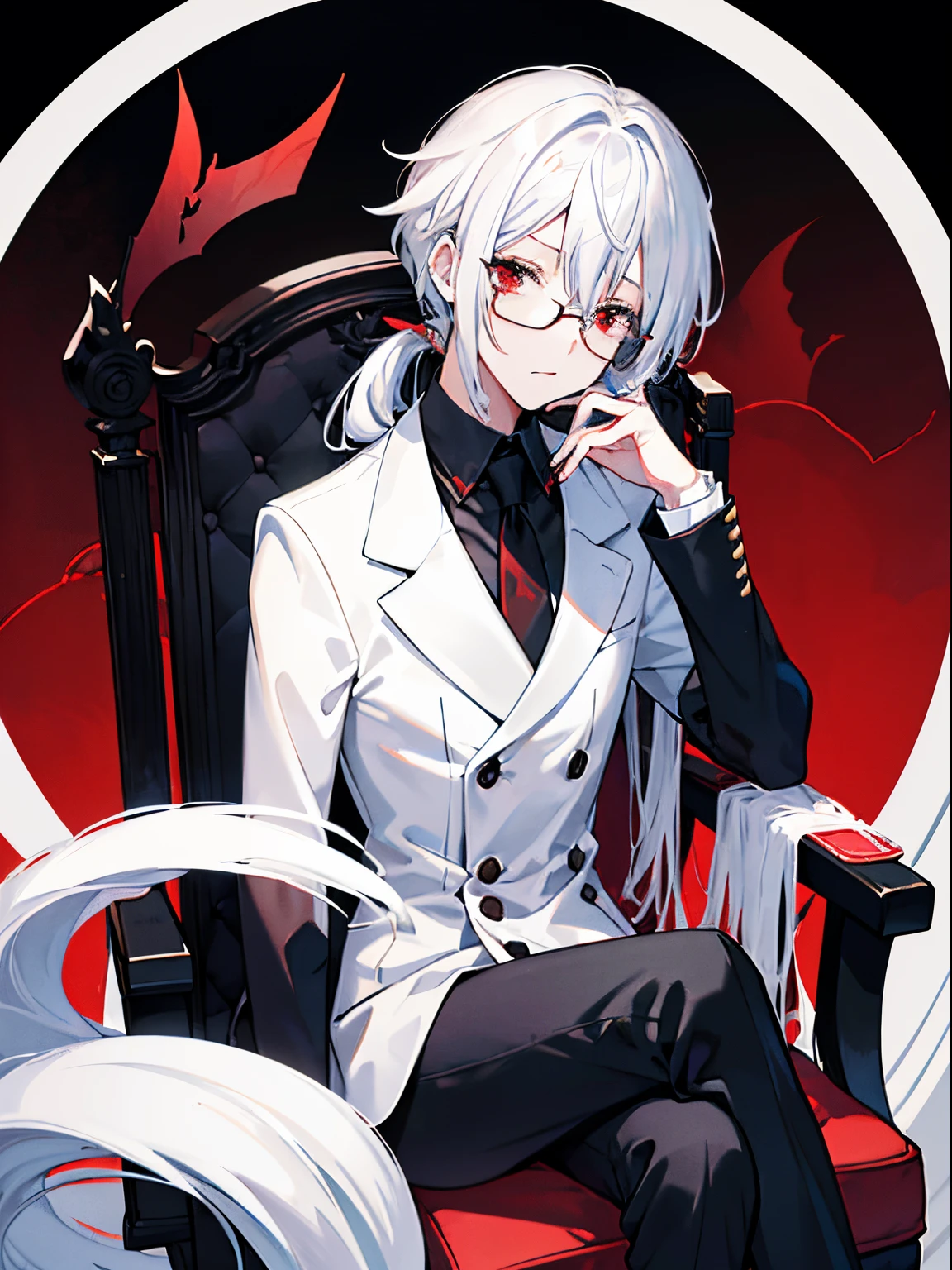 (masutepiece)(high-detail)
2 males、1st man(incubus、white hair、cat-like red eyes、suits、neck tie、Black horned、Black bat wings and tail、In the center of the screen、Sitting in a big chair、Put your hand on your cheek、A seductive and provocative look)
2nd man(male in his 20s、white hair、poneyTail、tailcoat、neck tie、Hats、He wears round glasses with no rims、screen edge、less big breasts々puzzled look)、Dark fantasy background