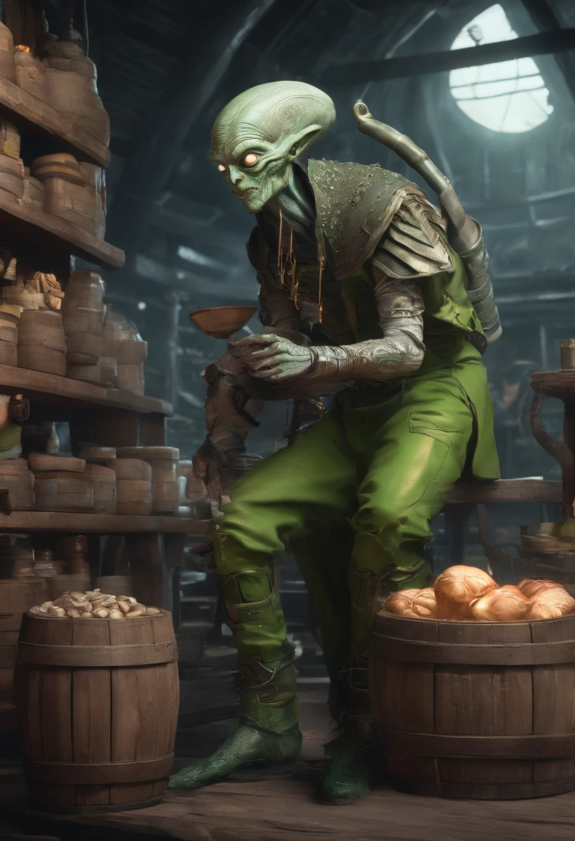 male food merchant, beautiful eyes, green shirt with white sleeves, green pants, gray hair, gray mustache, next to a wooden cart, next to wooden barrels and boxes, far behind is a magical forest, fantasy, Middle Ages, artstation, hdr, intricate details, cinematic, best quality, 4k, 8k, highres, masterpiece