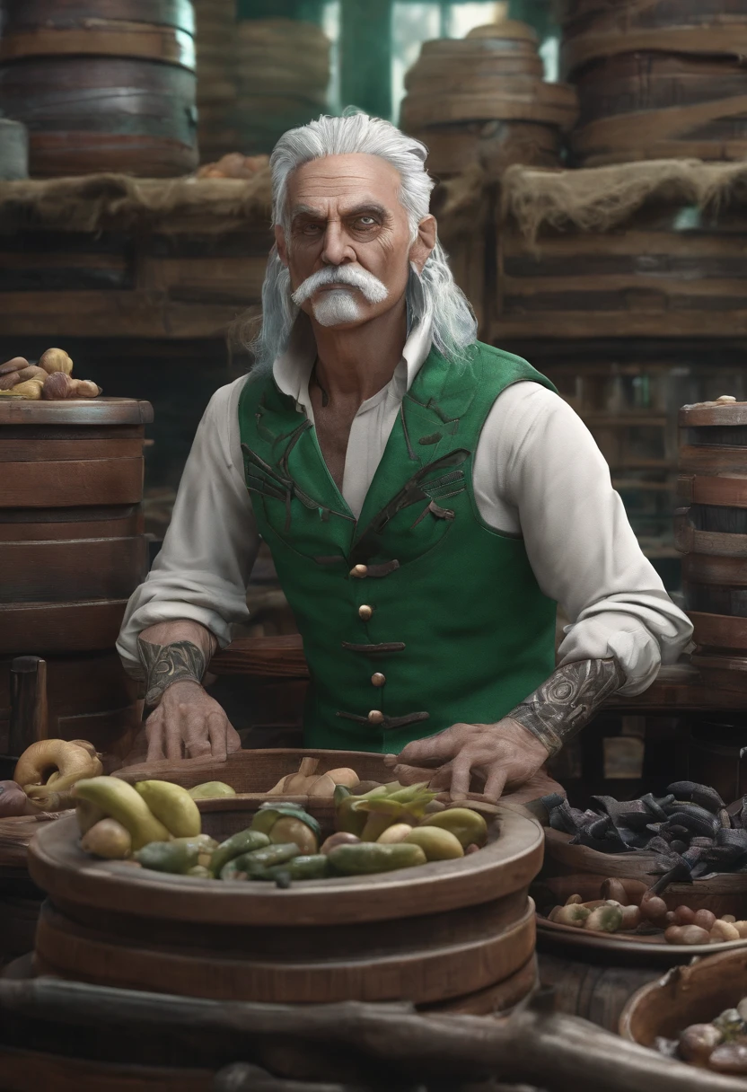 male food merchant, beautiful eyes, green shirt with white sleeves, green pants, gray hair, gray mustache, next to a wooden cart, next to wooden barrels and boxes, far behind is a magical forest, fantasy, Middle Ages, artstation, hdr, intricate details, cinematic, best quality, 4k, 8k, highres, masterpiece