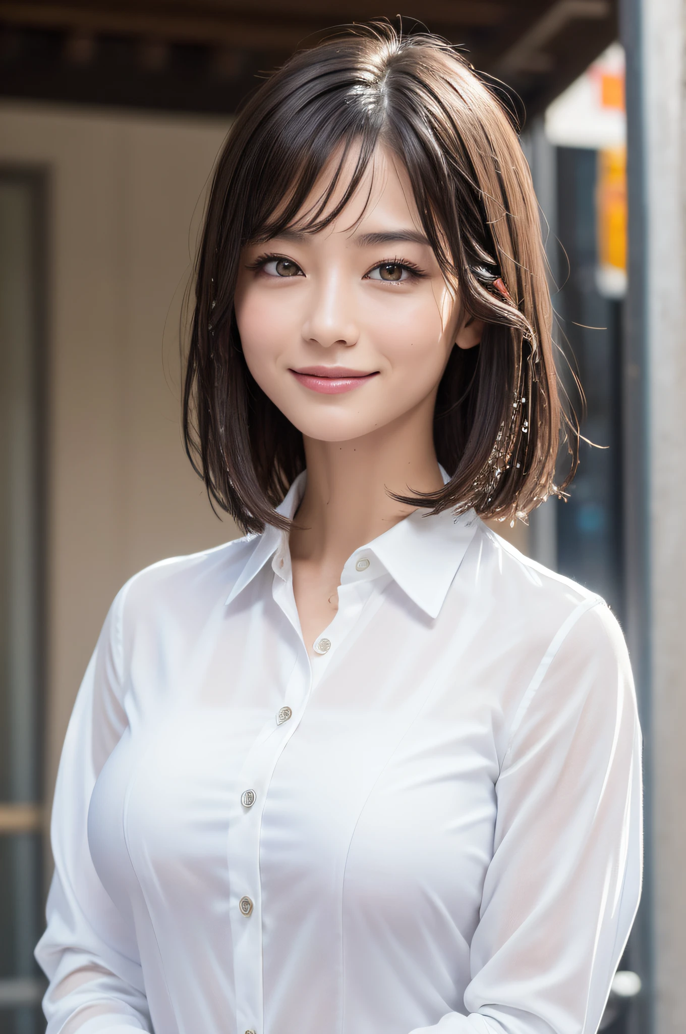 ((Best Quality, 8K, Masterpiece: 1.3)), Sharp Focus: 1.2, A Beautiful Woman with Perfect Figure: 1.4, Slim Abs: 1.2, (Layered Hairstyle,: 1.2)), (Wet White Button Long Shirt: 1.3), Rain: 1.3, Street: 1.2, Wet Body: 1.1, Highly Detailed Face and Skin Texture, Detailed Eyes, Double Eyelids, Big Breasts, Smile,