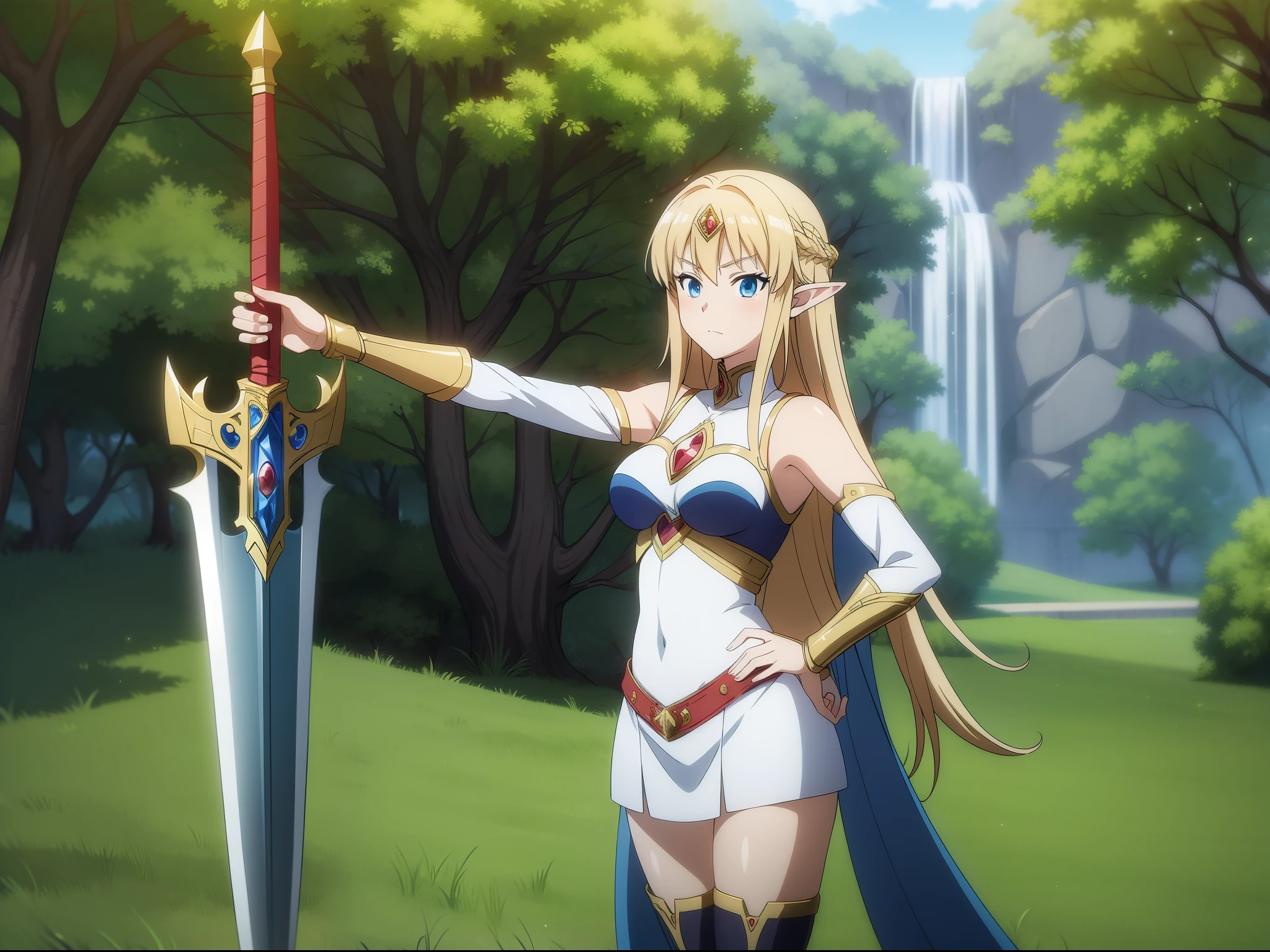 ((Masterpiece)),Anime girl with long hair and sword in hand, alluring elf princess knight, highly detailed anime, anime goddess,she has elf ears and gold eyes,