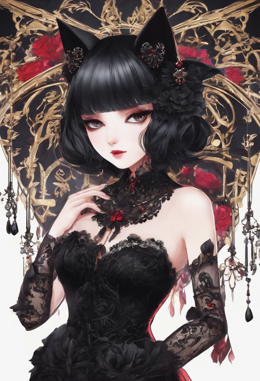in style of Harry Clarke, drawing by Conrad Roset, close up, (darkness:1.2),(very detailed shadows:1.2),absolute shadows,absolute darkness, kamado nezuko, black hair, pink eyes, pink hair ribbon, two-tone hair, cleavage, big breasts,