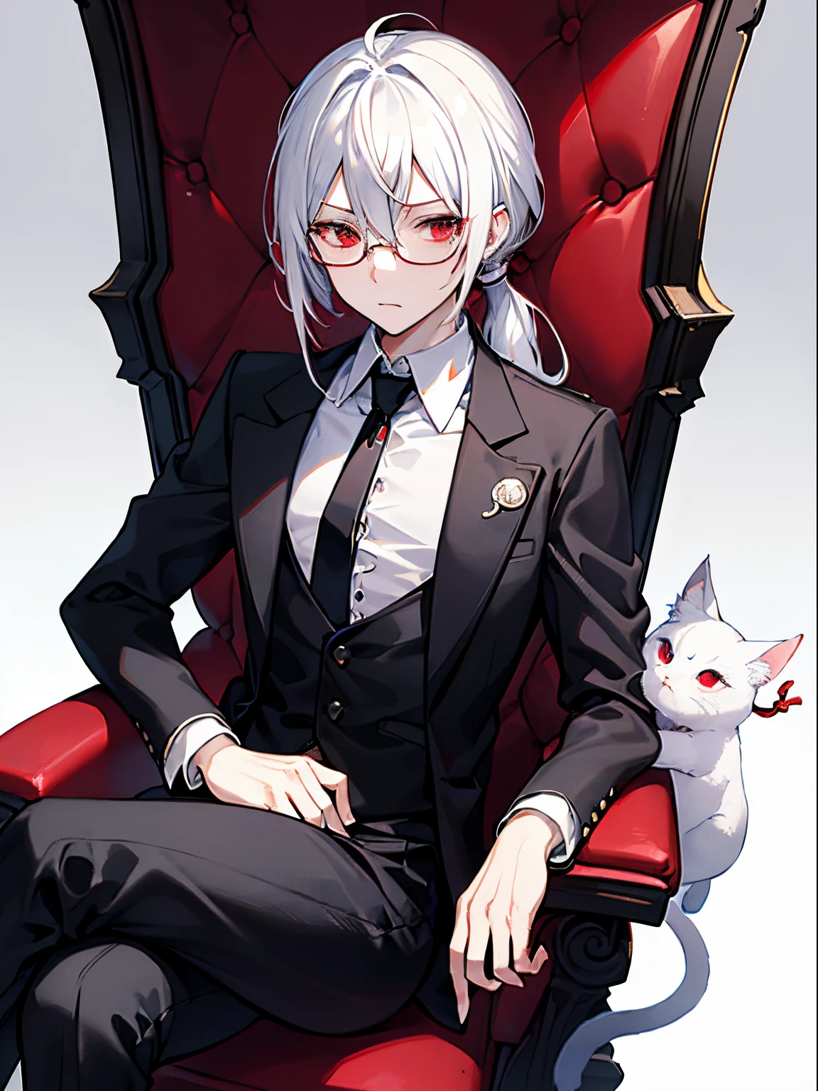 （masutepiece）（high-detail）
2 males、1st man（incubus、white  hair、cat-like red eyes、suits、neck tie、Black horned、Black bat wings and tail、In the center of the screen、Sitting in a big chair、Put your hand on your cheek、A seductive and provocative look）
2nd man（male in his 20s、white  hair、poneyTail、tailcoat、neck tie、Hats、He wears round glasses with no rims、screen edge、less big breasts々puzzled look）、Dark fantasy background