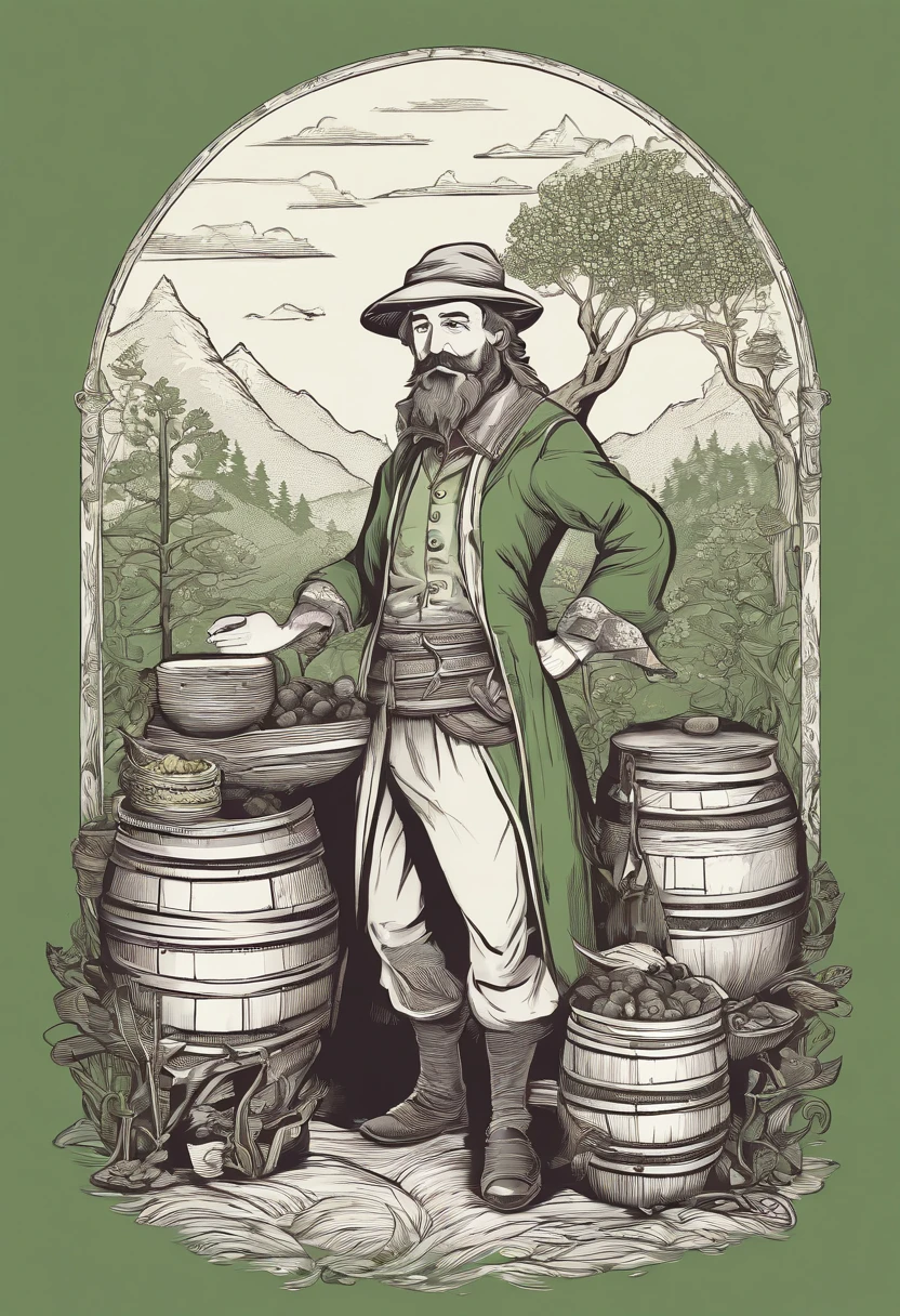male food merchant, beautiful eyes, green shirt with white sleeves, green pants, gray hair, gray mustache, next to a wooden cart, next to wooden barrels and boxes, far behind is a magical forest, fantasy, Middle Ages, artstation, hdr, intricate details, cinematic, best quality, 4k, 8k, highres, masterpiece