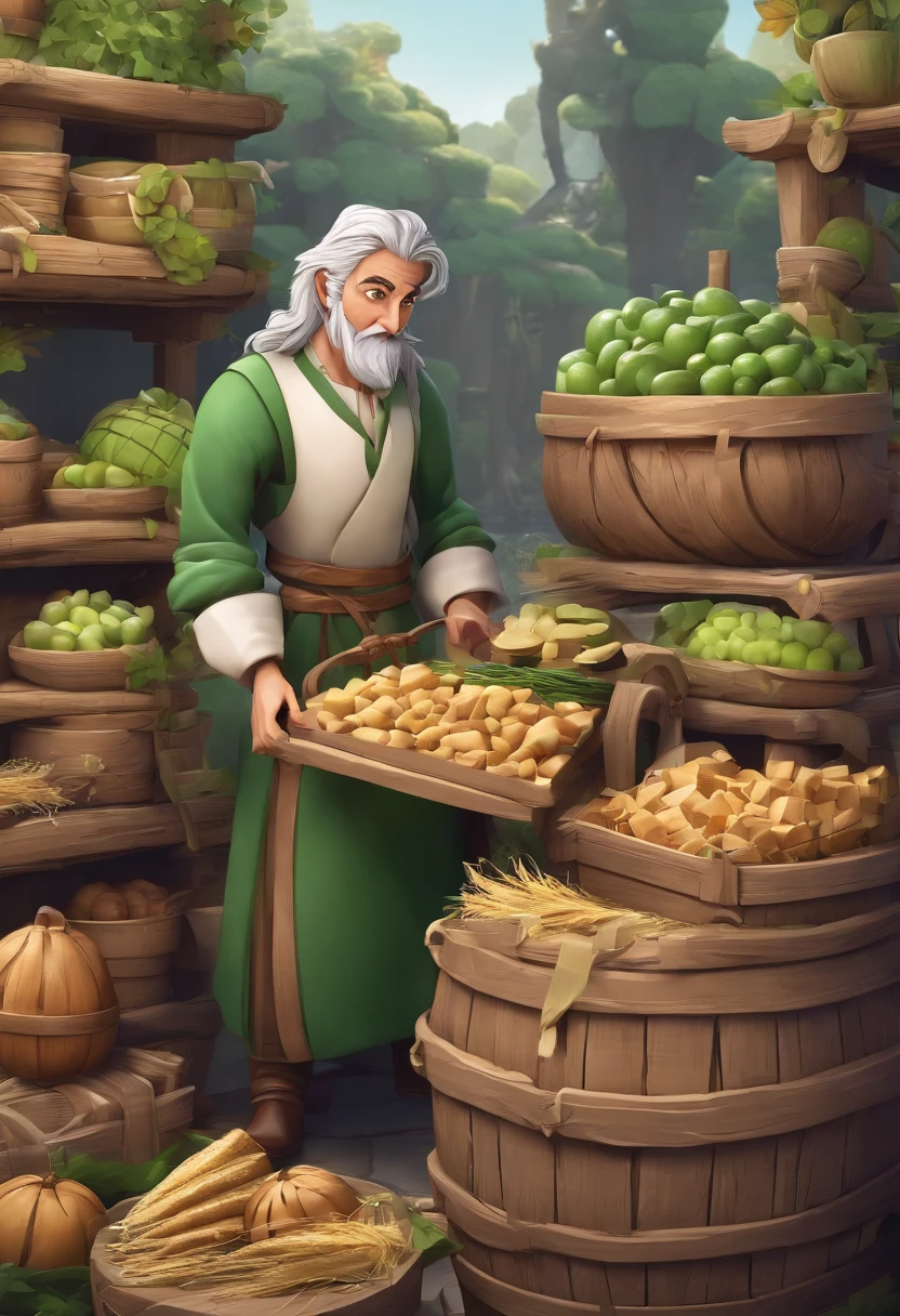 male food merchant, beautiful eyes, green shirt with white sleeves, green pants, gray hair, gray mustache, next to a wooden cart, next to wooden barrels and boxes, far behind is a magical forest, fantasy, Middle Ages, artstation, hdr, intricate details, cinematic, best quality, 4k, 8k, highres, masterpiece