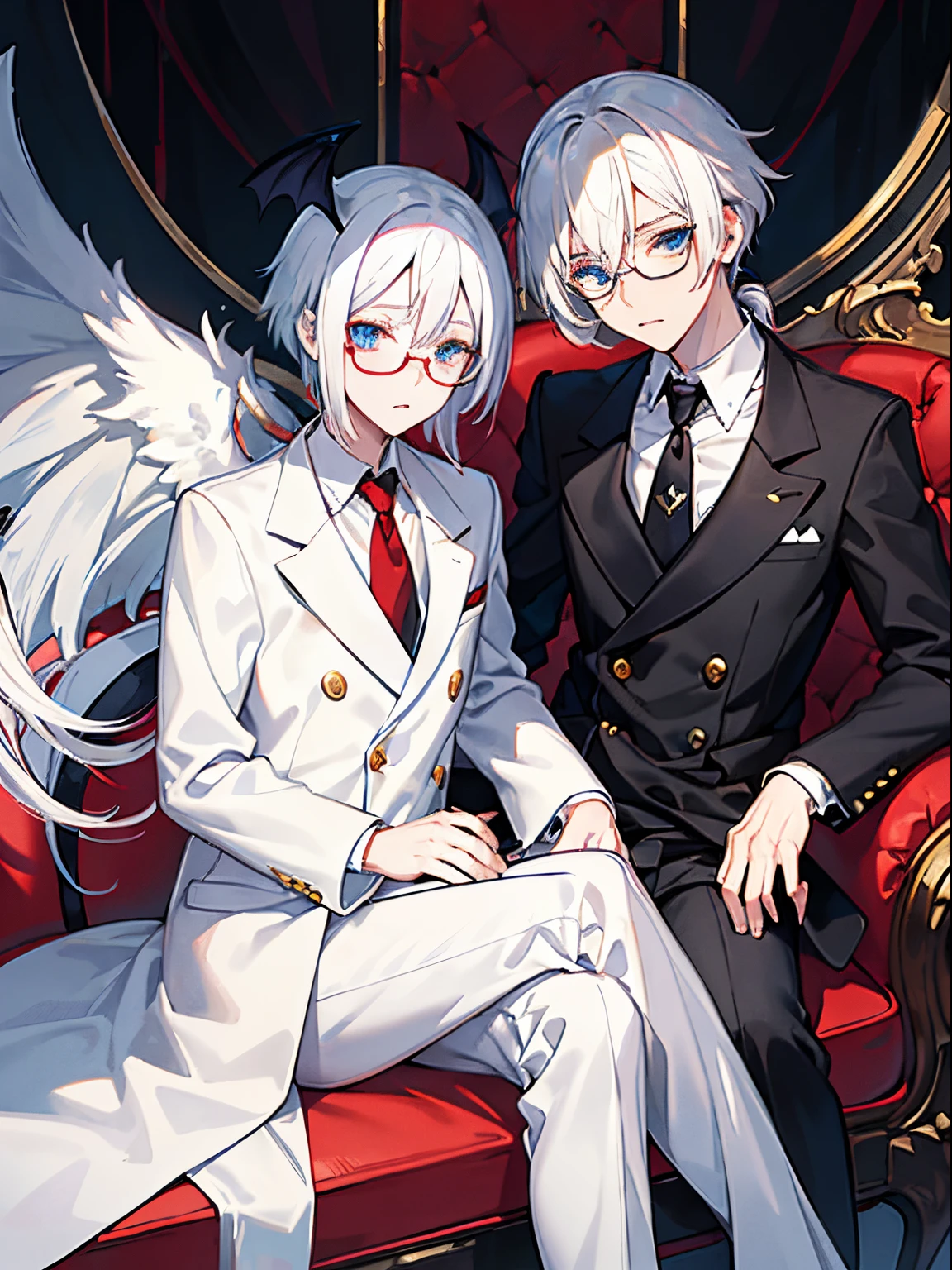 （masutepiece）（high-detail）
2 males、1st man（incubus、white  hair、red cat eyes、suits、neck tie、Black horned、Black bat wings and tail、In the center of the screen、Sitting in a big chair、Put your hand on your cheek、A seductive and provocative look）
2nd man（male in his 20s、white  hair、poneyTail、tailcoat、Hats、neck tie、blue eyess、He wears round glasses with no rims、stand at the end of the first man、less big breasts々puzzled look）、Dark fantasy background