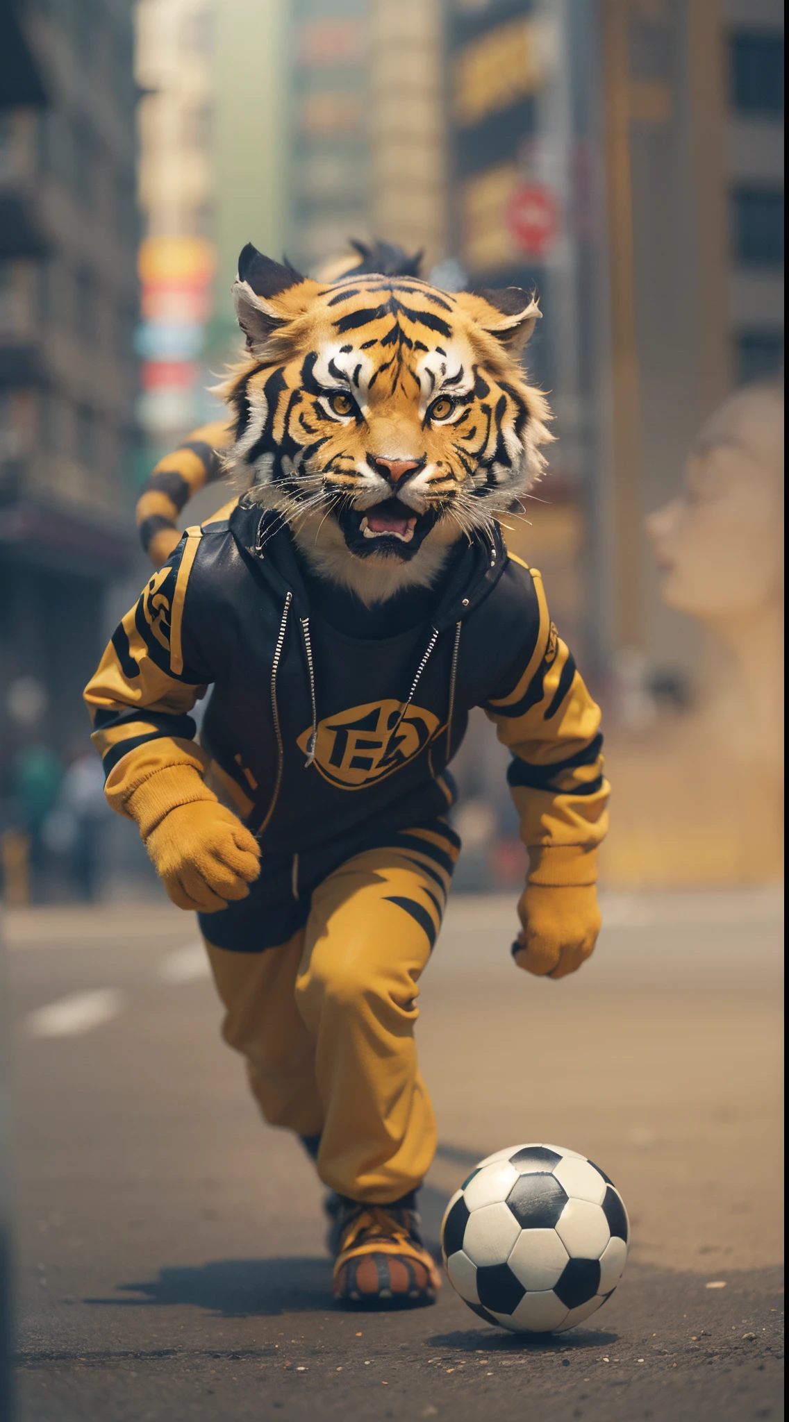 Cartoon energetic fiery tiger with black and yellow jacket playing soccer in tokyo city street, dramatic smoke effect, smoke effect, style raw, vintage color grading, Super 8mm lense, Extreme close-up, Deep Focus cinematography effect, high quality, ultra detail, 8k