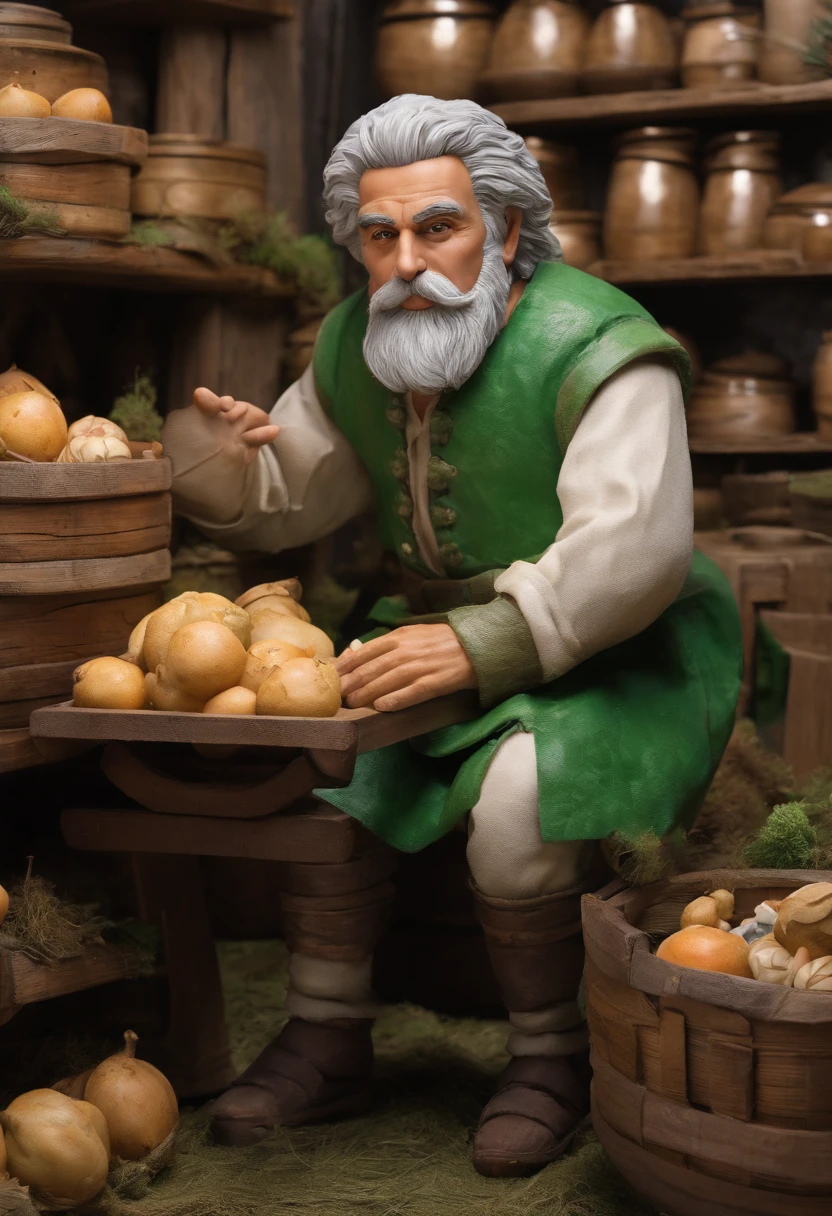 male food merchant, beautiful eyes, green shirt with white sleeves, green pants, gray hair, gray mustache, next to a wooden cart, next to wooden barrels and boxes, far behind is a magical forest, fantasy, Middle Ages, artstation, hdr, intricate details, cinematic, best quality, 4k, 8k, highres, masterpiece