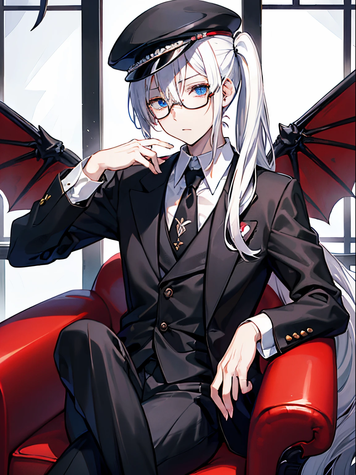 （masutepiece）（high-detail）
2 males、1st man（incubus、white  hair、red cat eyes、suits、neck tie、Black horned、Black bat wings and tail、In the center of the screen、Sitting in a big chair、Put your hand on your cheek、A seductive and provocative look）
2nd man（male in his 20s、white  hair、poneyTail、tailcoat、Hats、neck tie、blue eyess、He wears round glasses with no rims、stand at the end of the first man、less big breasts々puzzled look）、Dark fantasy background