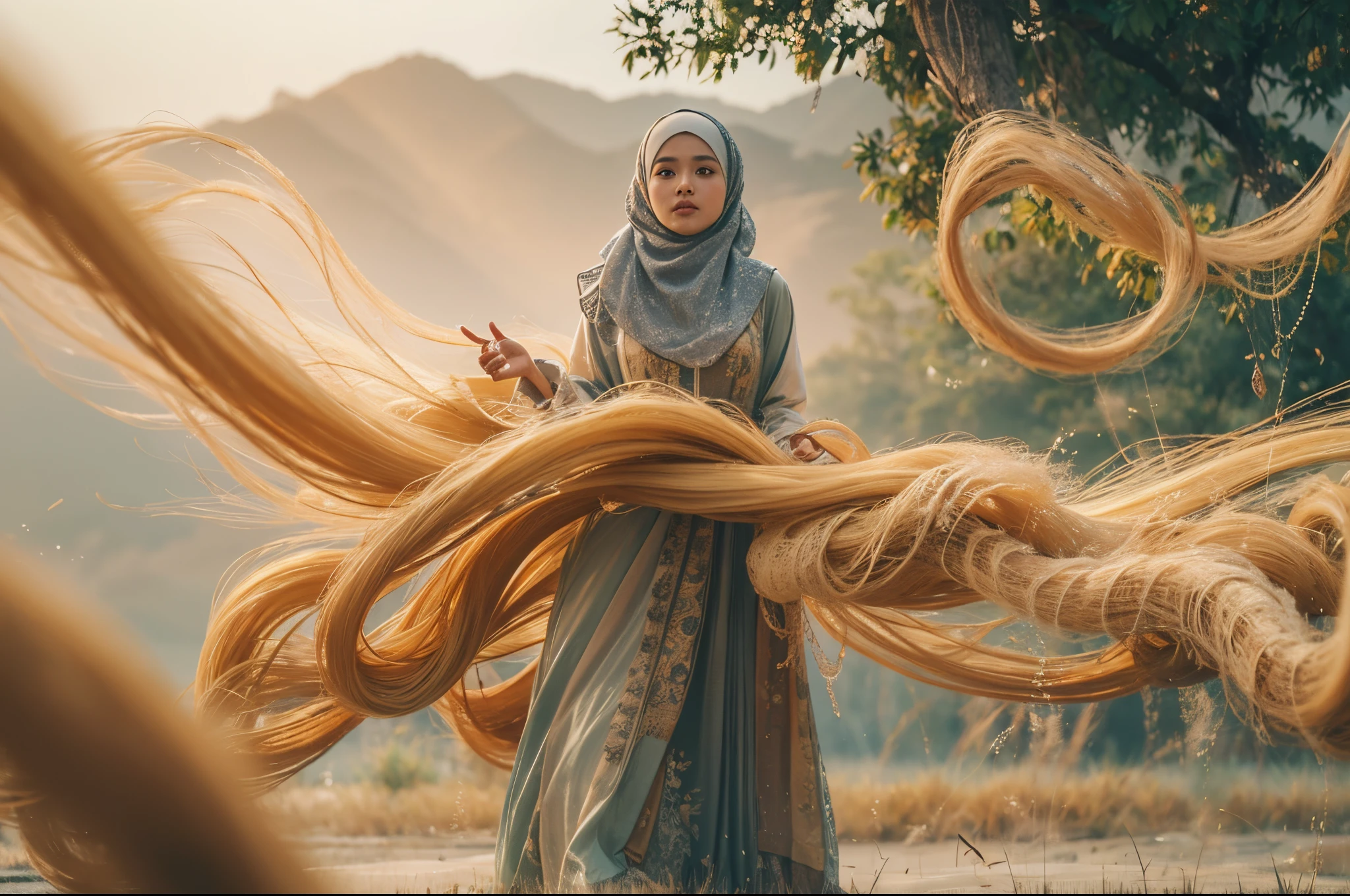a beautiful malay young woman in hijab, is standing with large noodle explosion in the background, lot of noodle flying in the air, in the style of mid sommar, fanciful, natural landscape , dreamlike imagery, captivating documentary photos, flowing fabrics, flowing noodles, disintegrated, intricate, style raw, 35mm lense, Top-Down Shot, Deep Focus cinematography effect, Natural Lighting, cool-toned color grading, high quality, ultra detail, 8k resolution,