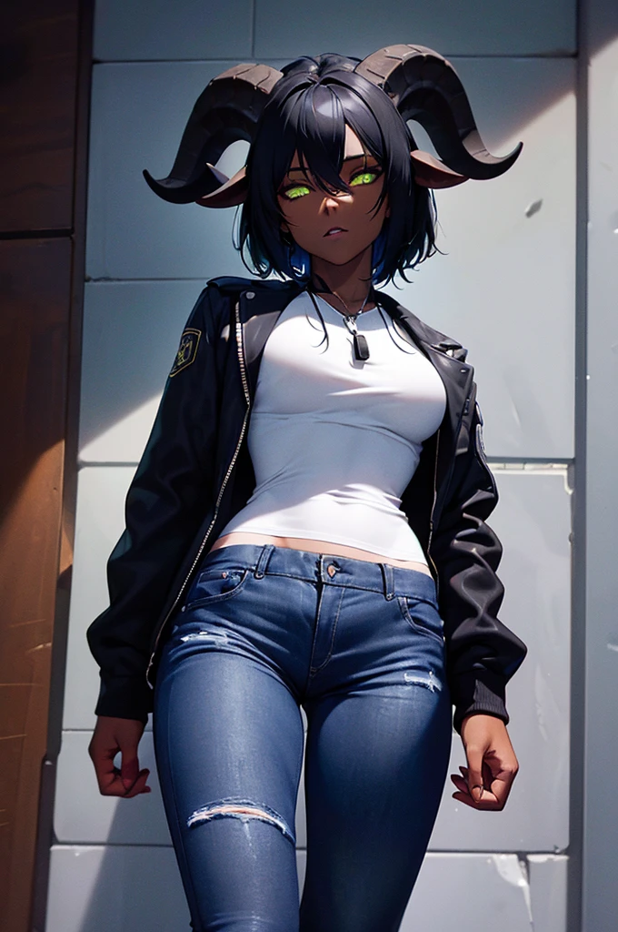 (Masterpiece) (High Detail) (High Res) (Black Skin) Looking from below A tall black humanoid girl with dark skin and ebony flesh and green eyes and short black hair and half her head shaved and goat ears and short dark goat horns and a toned body and average to small breasts and wearing a jacket and jeans with a penis bulge