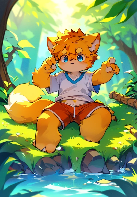 anthropology, Beast field, male, Solitary, ((Round Face, Very plump face)), ((endomorph body type, Elderly)), (Slightly fat:1.2), Siberian wolf, wear glasses|Golden pupils|Light grey blue fur, Fluffyfur, Fluffy, (Elongated ears:1.2), (In a modern courtyard), ((Sitting on the stone steps,Feet in water:1.5)), (wearing white-color-singlet:1.5 | wearing black briefs), Wear cool clothes, Surrounded by flowers and grass, (high quality, high resolution, masterpiece), (Dynamic Lighting, Bright colors), (hapiness的, hapiness, easy), (Face focus), Front view, Looking at the audience, (Dynamic poses), close up, cute, Warm smile, author:Takemoto Arashi, by zixiong, Through Chun Ni, through empty ghost