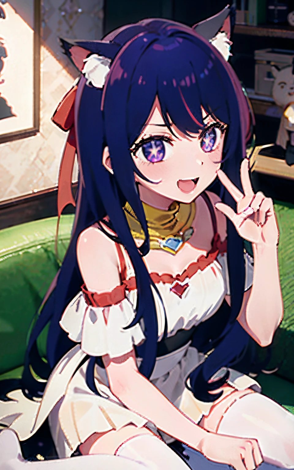 1girll，（（There is a five-pointed star in the eye））Gorgeous Hair in Long Purple，Smile，Open mouth，wedding gown，Blushlush，Cat ears，sofe，sitting in the couch，all  fours，white stockings，Be red in the face
