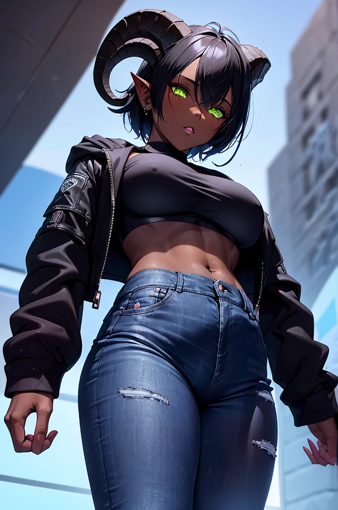 (Masterpiece) (High Detail) (High Res) (Black Skin) Looking from below A tall black humanoid girl with dark skin and ebony flesh and green eyes and short black hair and half her head shaved and goat ears and short dark goat horns and a toned body and average to small breasts and wearing a jacket and jeans with a thick dick print and a massive bulge in her pants