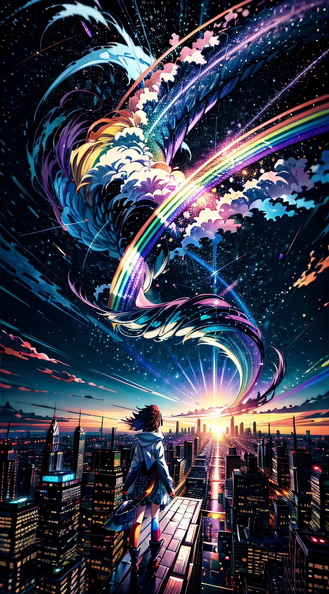 ((Rainbow Giant Shooting Star))、Anime girl looking at big city landscape,Near Future City、 makoto shinkai cyril rolando, anime art wallpaper 4k, anime art wallpaper 4k, Anime art wallpaper 8k, inspired by Cyril Rolando, in the style dan mumford artwork, amazing wallpapers, by Yuumei