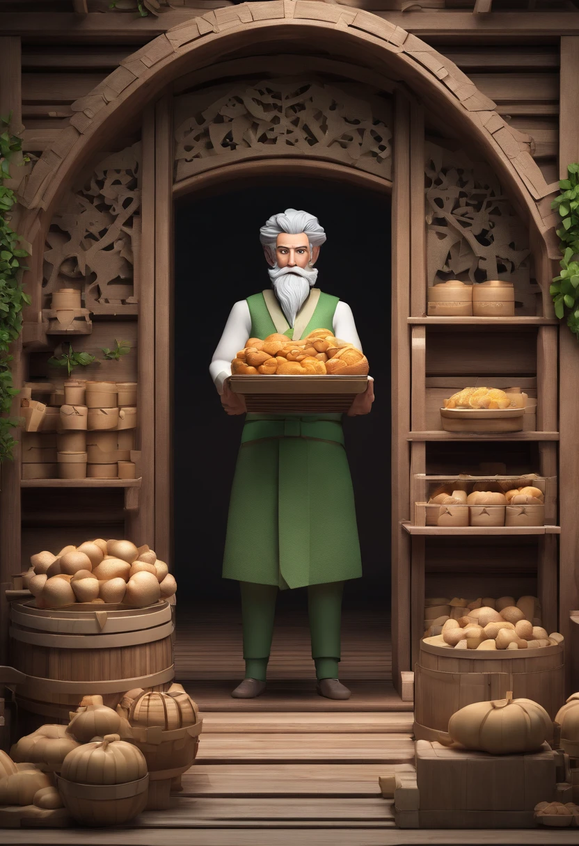 male food merchant, beautiful eyes, green shirt with white sleeves, green pants, gray hair, gray mustache, next to a wooden cart, next to wooden barrels and boxes, far behind is a magical forest, fantasy, Middle Ages, artstation, hdr, intricate details, cinematic, best quality, 4k, 8k, highres, masterpiece