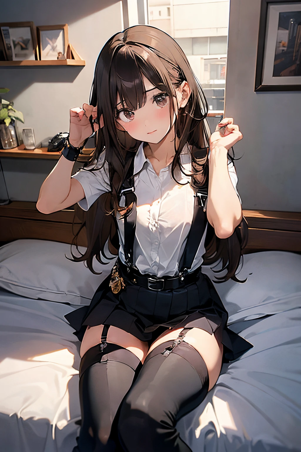 ​masterpiece、flat-colors、depth of fields、lens flare 1 girl、、Brown hair、watching at viewers　　　black suspenders　　　Bulging big breasts　　 　 　　　walls: 　Black miniskirt　garters　　　　　　Gaze　　　Small face　bangss 　　　holster　　Belt Armament　Beautuful Women　srestrained　hands up　Lying in bed　Leg holster lying on the bed